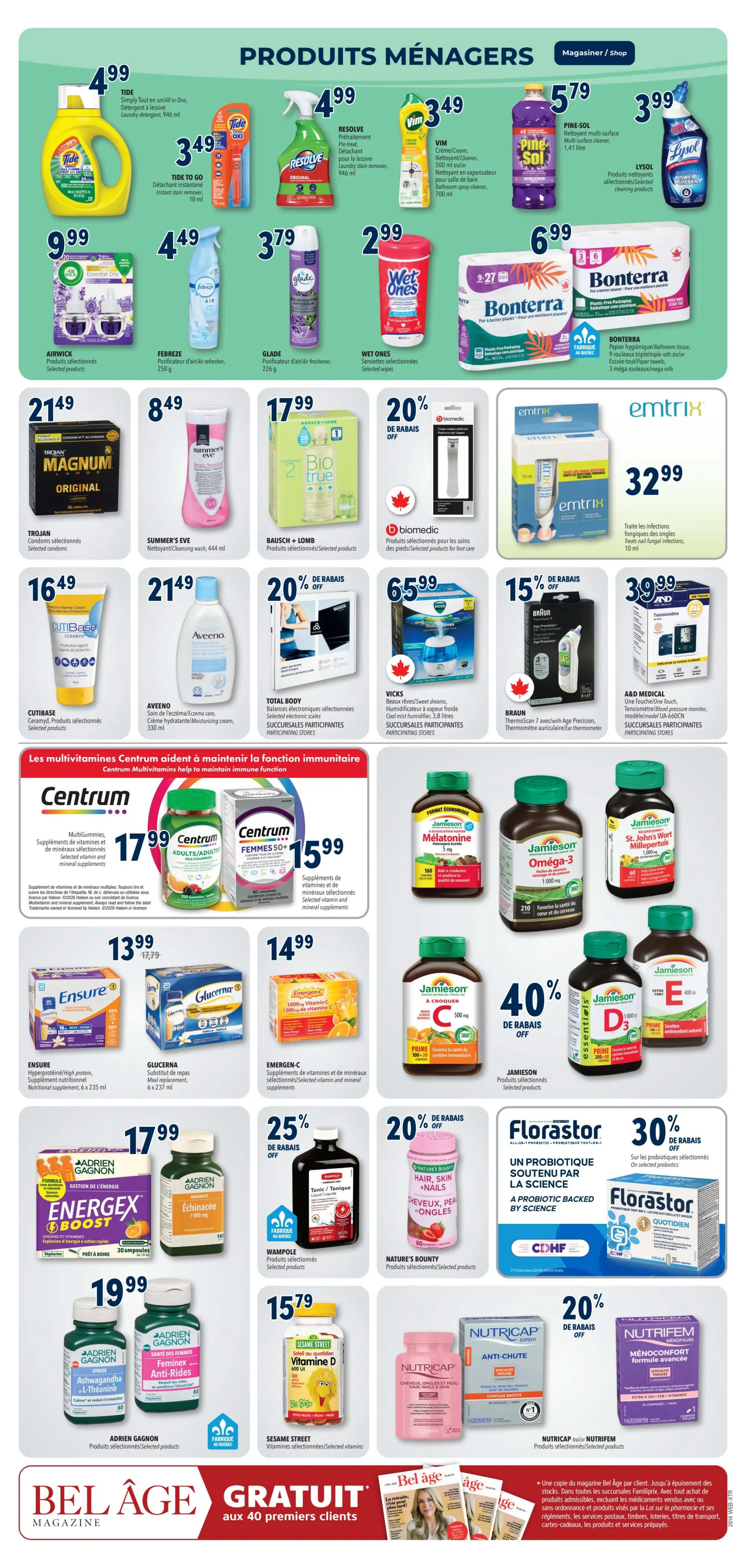 Familiprix flyer page 22 features household products and health supplements. Household items include Tide Simply Clean laundry detergent for $4.99, Tide To Go stain remover for $3.49, Resolve pre-wash stain remover for $4.99, Vim cream cleaner for $3.49, Pine Sol multi-surface cleaner for $5.79, and Lysol cleaning products for $3.99. Air fresheners and cleaners include Glade air freshener for $3.79, Wet Ones wipes for $2.99, and Bonterra paper towels for $6.99. Trojan Magnum condoms are $21.49. Summer's Eve cleansing wash is $8.49. Bausch + Lomb products are $17.99. Biomedic foot care products are on sale with 20% off. Emtrix fungal nail treatment is $32.99. Cutibase products are $16.49. Aveeno moisturizing cream is $21.49. Total Body electronic scales are on sale with 20% off. Vicks cool mist humidifier is $65.99. Braun ThermoScan ear thermometer is $15 off. A&D Medical one-touch blood pressure monitor is $3.99. Centrum Multigummies are $17.99, Centrum Adults/Adults 50+ are $15.99, and Centrum Femmes 50+ are $15.99. Nutritional supplements include Ensure for $13.99, Glucerna meal replacement for $14.99, and Emergen-C for $14.99. Jamieson products include Melatonin for $15.99, Omega-3 for $15.99, St. John's Wort for $15.99, and Vitamin C for $15.99. Adrien Gagnon products include Energex Boost for $17.99 and Echinacea for $19.99. Wampole products are 25% off. Nature's Bounty Hair, Skin, Nails is 20% off. Florastor probiotics are 30% off. Sesame Street Vitamin D is $15.79. Nutricap anti-hair loss treatment and Nutrifem menopause formula are also featured. The bottom of the page advertises a free Bel Age magazine with the purchase of 40 premium clients.