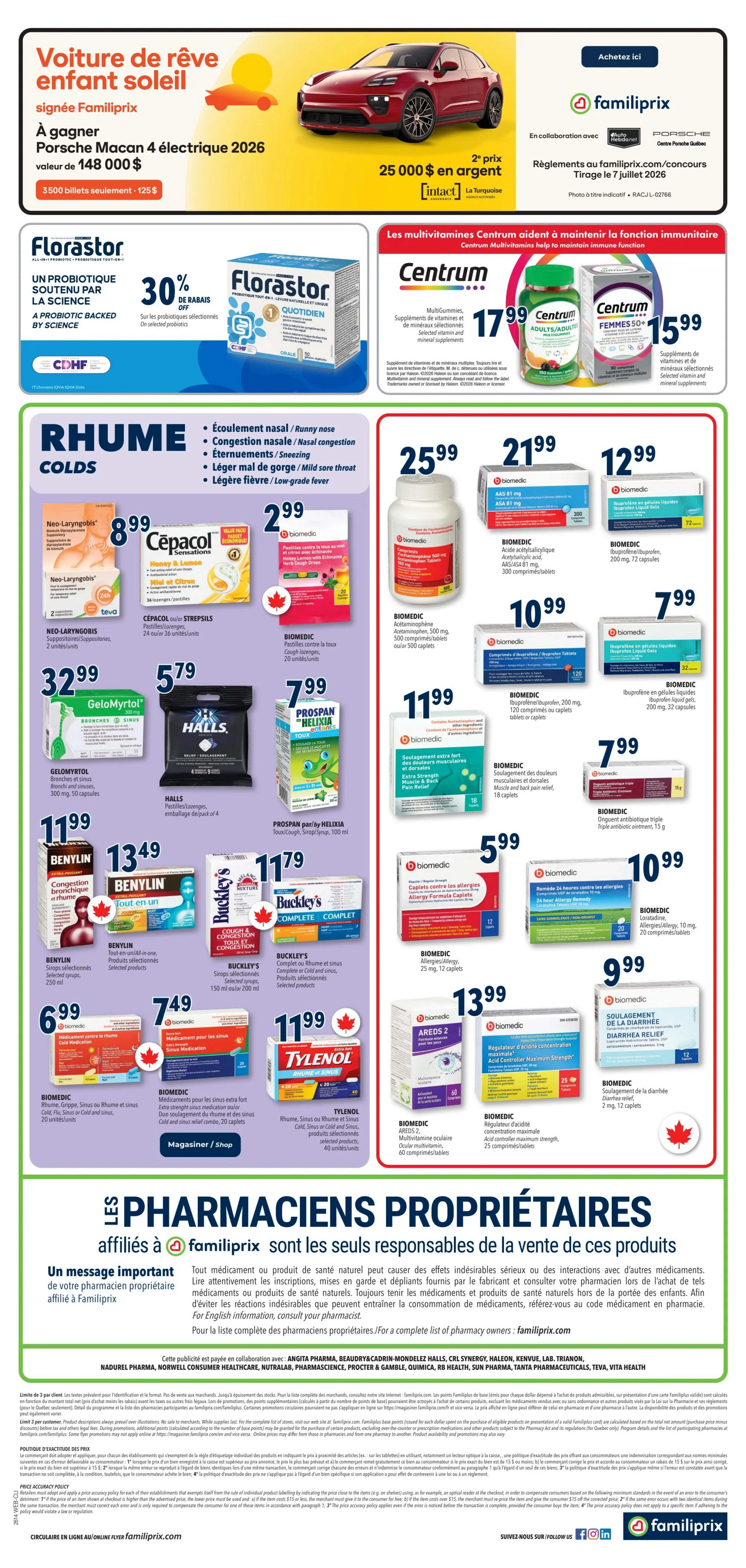 Familiprix flyer page 2 features a 'Dream Car' contest to win a 2026 Porsche Macan electric, valued at $148,000, with 3500 tickets for $125, and a second prize of $25,000 in cash. The page also highlights health and wellness products. Florastor probiotic is 30% off. Centrum Multigummies are $17.99, and Centrum Women 50+ are $15.99. The 'Rhume' (Colds) section includes Neo-Laryngobis suppositories for $8.99, Cepacol Strepsils lozenges for $2.99, Gelomyrtol capsules for $32.99, Halls cough drops for $5.79, Prospan syrup for $7.99, Benylin syrups for $11.99 and $13.49, Buckley's cough and cold products for $11.79, Biomedic Acetaminophen 500 mg caplets for $25.99, Biomedic Ibuprofen 200 mg caplets for $10.99 and $7.99, Biomedic extra strength muscle and back pain relief for $11.99, Biomedic triple antibiotic ointment for $7.99, Biomedic allergy formula caplets for $5.99, Biomedic allergy 10 mg tablets for $10.99, Tylenol cold and sinus products for $6.99, Biomedic Areds 2 ocular multivitamins for $13.99, and Biomedic diarrhea relief for $9.99. The bottom of the page features 'Les Pharmaciens Propriétaires' (Proprietor Pharmacists) affiliated with Familiprix, emphasizing their role in product sales and offering a link for a complete list of proprietor pharmacists.