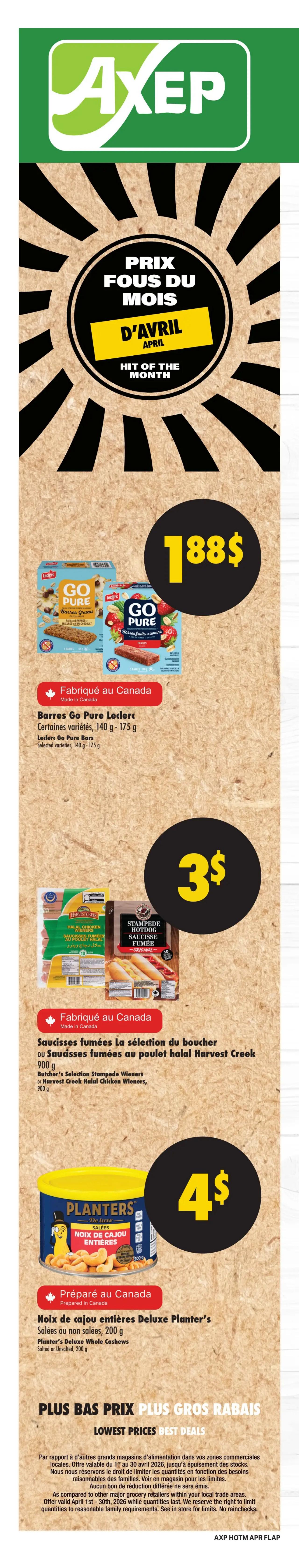 Axep weekly flyer specials page 2 features President's Choice Greek Yogurt or Skyr in various flavours for $5.49. Also available are President's Choice milk chocolate covered fruits or nuts, or chocolate bars for $8.49 plus tax. The page also highlights President's Choice frozen entrees, including Meat Lasagna, for $10.99. Additionally, St. Hubert pot pies, tourtière, or quiche in various flavours are on sale for $6.99.