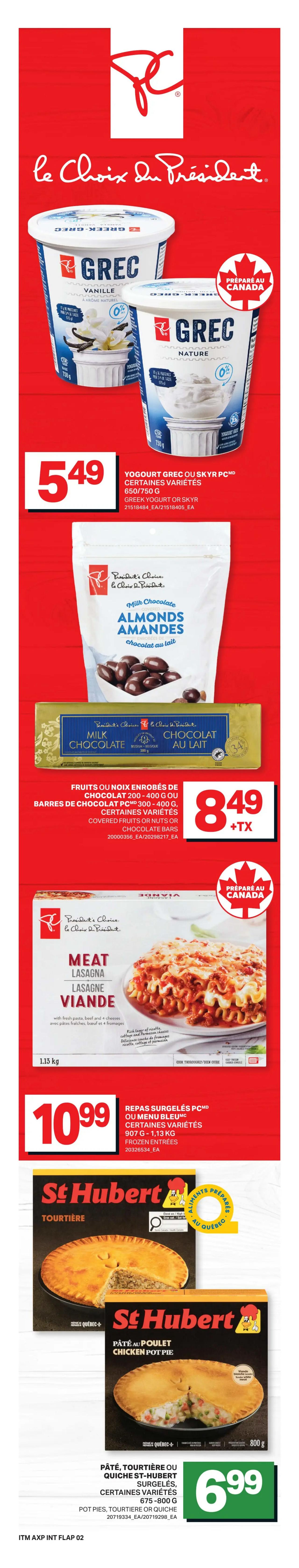 Axep flyer page 3 features Easter specials with a 'Joyeuses Pâques' theme. Highlighted items include fresh whole chicken for $2.79/lb, fresh pork tenderloin for $3.49/lb, and boneless beef ribeye for $10.99/lb. Produce includes red or green seedless grapes for $1.89/lb and yellow onions for $1.69/3 lb. Green beans are $3.49/lb. Featured deli meats like Splendido Italian deli meat are $5. Boursin garlic & fine herbs cheese is on sale 3 for $15, along with other cheeses like Saputo ricotta and mozzarella. Seaquest frozen bay scallops are $4.99. Campbell's soup or Le Sieur vegetables are 3/$4. A 8' pie is $5.49. Becel Original margarine or juice are $6.49. Drumstick ice cream cones and Rolo frozen dessert novelties are $5.49. Coca-Cola, Pepsi, or Canada Dry soft drinks (12 x 355 ml cans) are $8.29 + tax. Maxwell House Original Roast coffee (631-900 g) is $15.99. The flyer is valid from Thursday, April 2nd to Wednesday, April 8th, 2026.