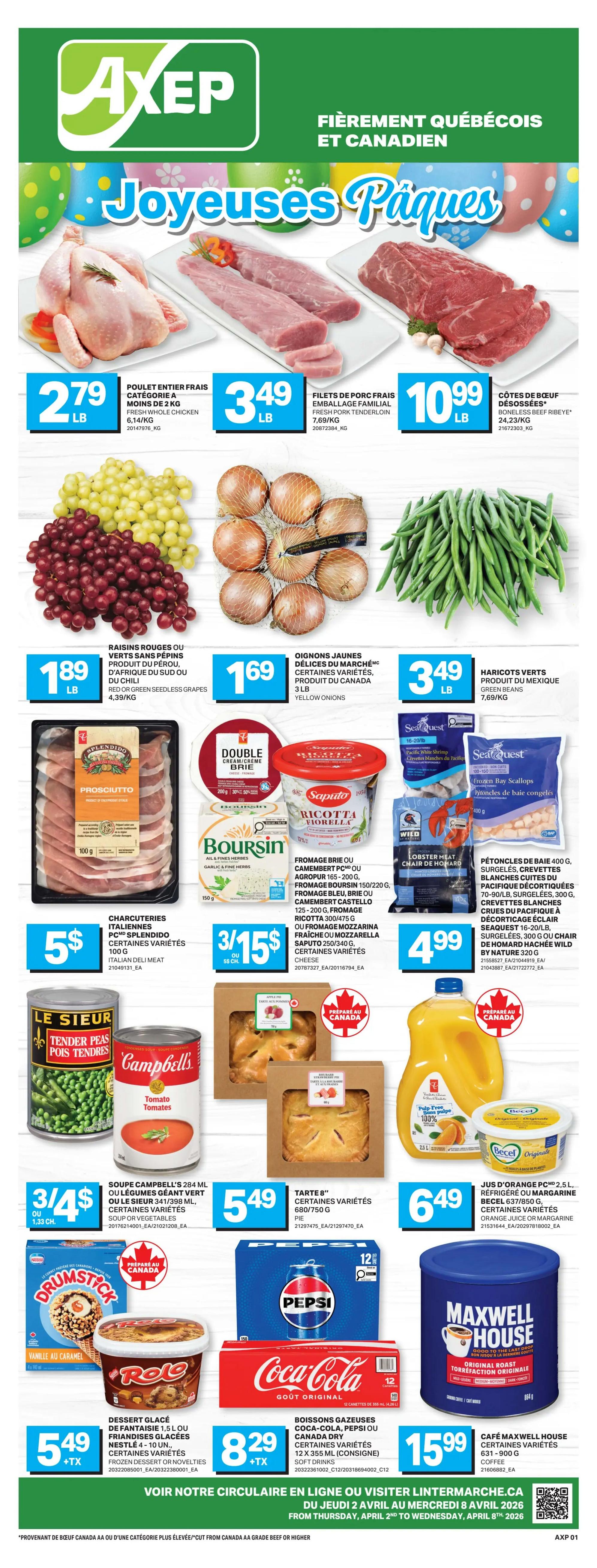 Axep flyer page 1 features 'Hit of the Month' specials. Go Pure bars, selected varieties, 140g - 175g are on sale for $1.88. Butcher's Selection Stampede Wieners or Harvest Creek Halal Chicken Wieners, 900g are $3. Planter's Deluxe Whole Cashews, salted or unsalted, 200g are $4. The flyer also highlights 'Lowest Prices Best Deals' and mentions the offer is valid from April 1st to April 30th, 2026, while quantities last.