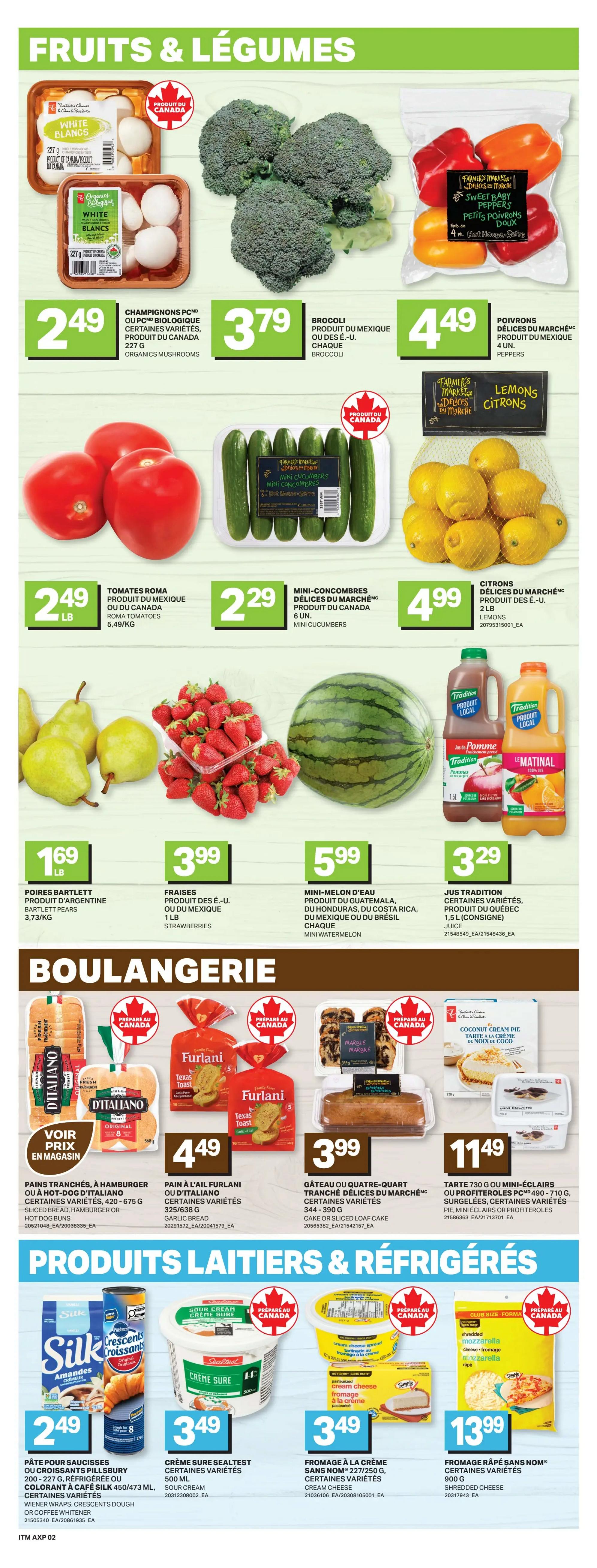 Axep weekly flyer specials page 5 features Fruits & Vegetables and Bakery sections. In Fruits & Vegetables, find PC Organic Mushrooms for $2.49, Broccoli for $3.79 each, Sweet Baby Peppers for $4.49, Roma Tomatoes for $2.49/lb, Mini Cucumbers for $2.29, Lemons for $4.99/2 lb, Bartlett Pears for $1.69/lb, Strawberries for $3.99/lb, Mini Watermelon for $5.99 each, and Tradition Juice for $3.29/1.5 L. The Bakery section includes D'Italiano Sliced Bread, Hamburger or Hot Dog Buns for $4.49, Furlani Garlic Bread for $3.99, and Marble or Sliced Loaf Cake for $11.49. The Dairy & Refrigerated section offers Silk Almond Beverage for $2.49, Sealtest Sour Cream for $3.49, Sans Nom Cream Cheese for $3.49, and Sans Nom Shredded Cheese for $13.99.