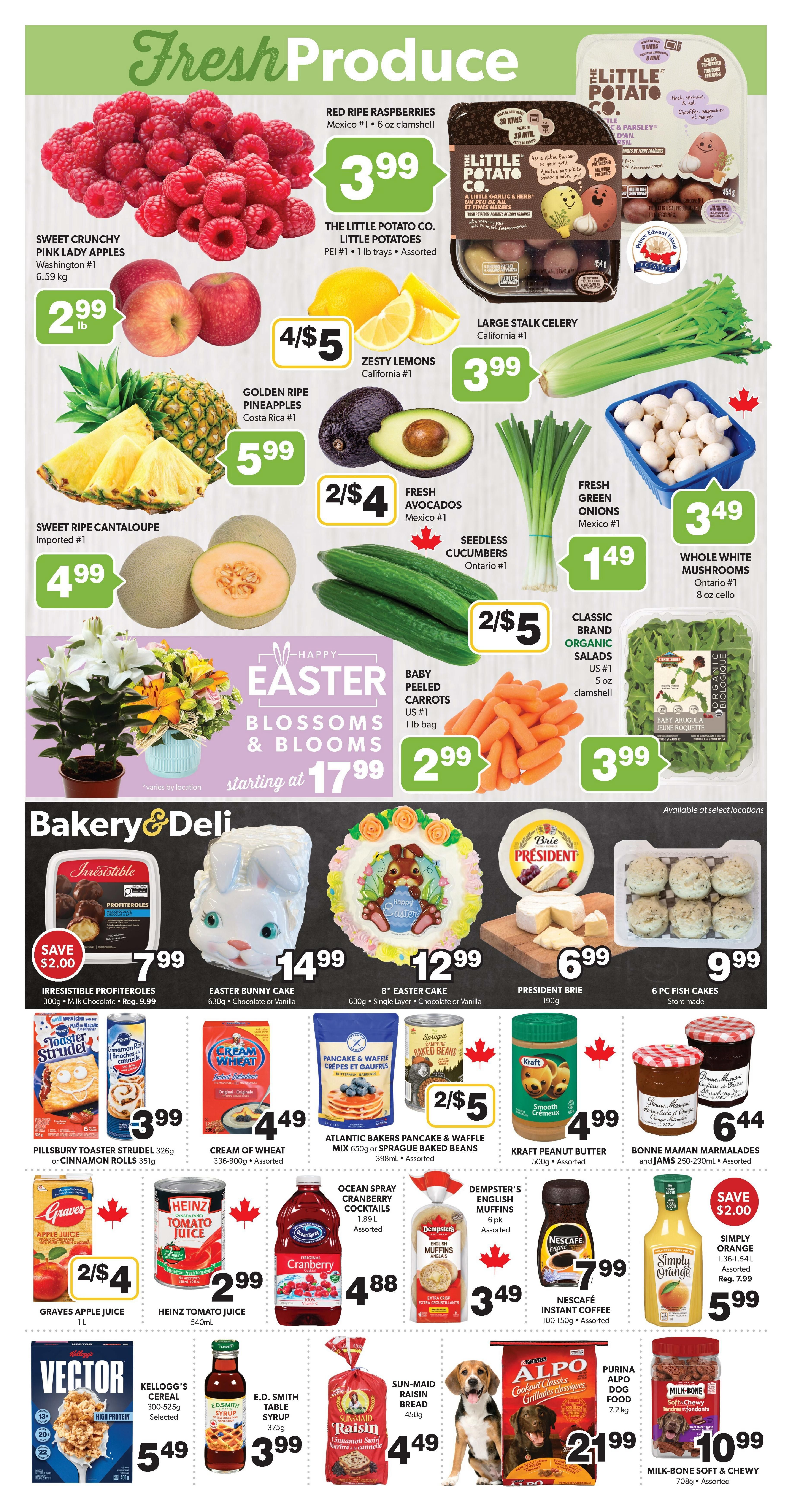 Colemans Weekly Flyer Specials Page 3 features fresh produce and bakery & deli items. In produce, find Red Ripe Raspberries for $3.99, The Little Potato Co. Little Potatoes for $4/$5, Zesty Lemons for $4/$5, Large Stalk Celery for $3.99, Sweet Crunchy Pink Lady Apples for $2.99/lb, Golden Ripe Pineapples for $5.99, Fresh Avocados for $2/$4, Seedless Cucumbers for $2/$5, Fresh Green Onions for $1.49, Whole White Mushrooms for $3.49, Sweet Ripe Cantaloupe for $4.99, and Classic Brand Organic Salads for $3.99. Easter themed items include Baby Peeled Carrots for $2.99 and Blossoms & Blooms starting at $17.99. The Bakery & Deli section offers Irresistible Profiteroles for $7.99 (save $2.00), Easter Bunny Cake for $14.99, 8' Easter Cake for $12.99, President Brie for $6.99, and 6 Pc Fish Cakes for $9.99. Other grocery items include Pillsbury Toaster Strudel or Cinnamon Rolls for $3.99, Cream of Wheat for $4.49, Atlantic Bakers Pancake & Waffle Mix or Sprague Baked Beans for $2/$5, Kraft Peanut Butter for $4.99, Bonne Maman Marmalades and Jams for $6.44, Graves Apple Juice for $2/$4, Heinz Tomato Juice for $2.99, Ocean Spray Cranberry Cocktails for $4.88, Dempster's English Muffins for $3.49, Nescafé Instant Coffee for $7.99, Simply Orange Juice for $5.99 (regular $7.99), Kellogg's Cereal for $5.49, E.D. Smith Table Syrup for $3.99, Sun-Maid Raisin Bread for $4.49, Alpo Cook-a-Pot Dinners for $21.99, and Milk-Bone Soft & Chewy treats for $10.99.