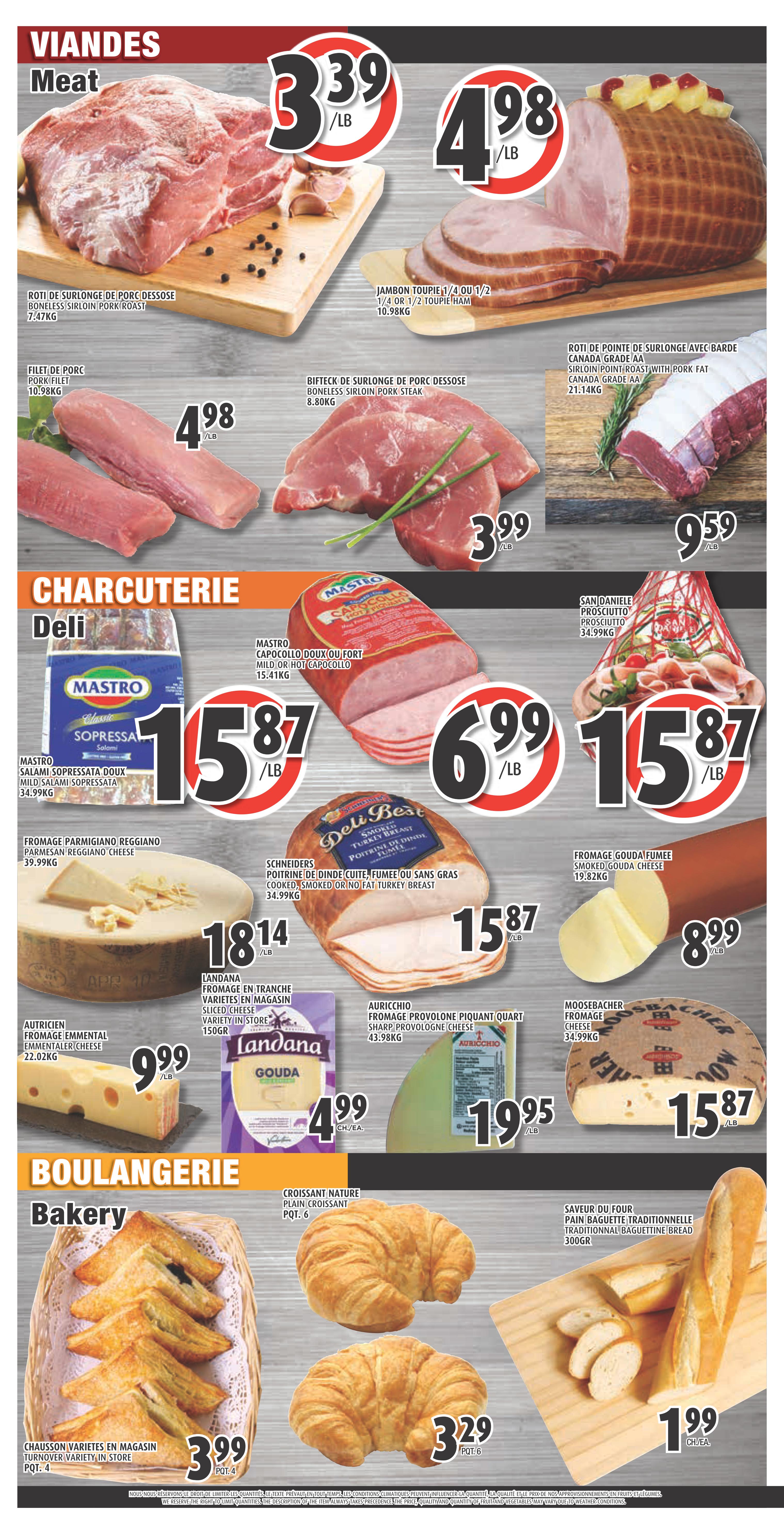 Esposito Weekly Flyer Specials Page 2. Featured are meat products including Boneless Sirloin Pork Roast for $3.39/lb, 1/4 or 1/2 Toupie Ham for $4.98/lb, Pork Fillet for $4.98/lb, Boneless Sirloin Pork Steak for $3.99/lb, and Sirloin Point Roast with Pork Fat for $9.59/lb. In the Deli section, find Mastro Sopressa Salami for $15.87/lb, Mastro Capocollo for $6.99/lb, San Daniele Prosciutto for $15.87/lb, Schneiders Cooked Turkey Breast for $15.87/lb, Landana Gouda Cheese for $4.99 each, Auricchio Sharp Provolone Cheese for $19.95/lb, and Moosbacher Cheese for $15.87/lb. The Bakery section offers assorted Chausson varieties for $3.99 per 4 pack, Plain Croissants for $3.29 per 6 pack, and Traditional Baguette Bread for $1.99 each.