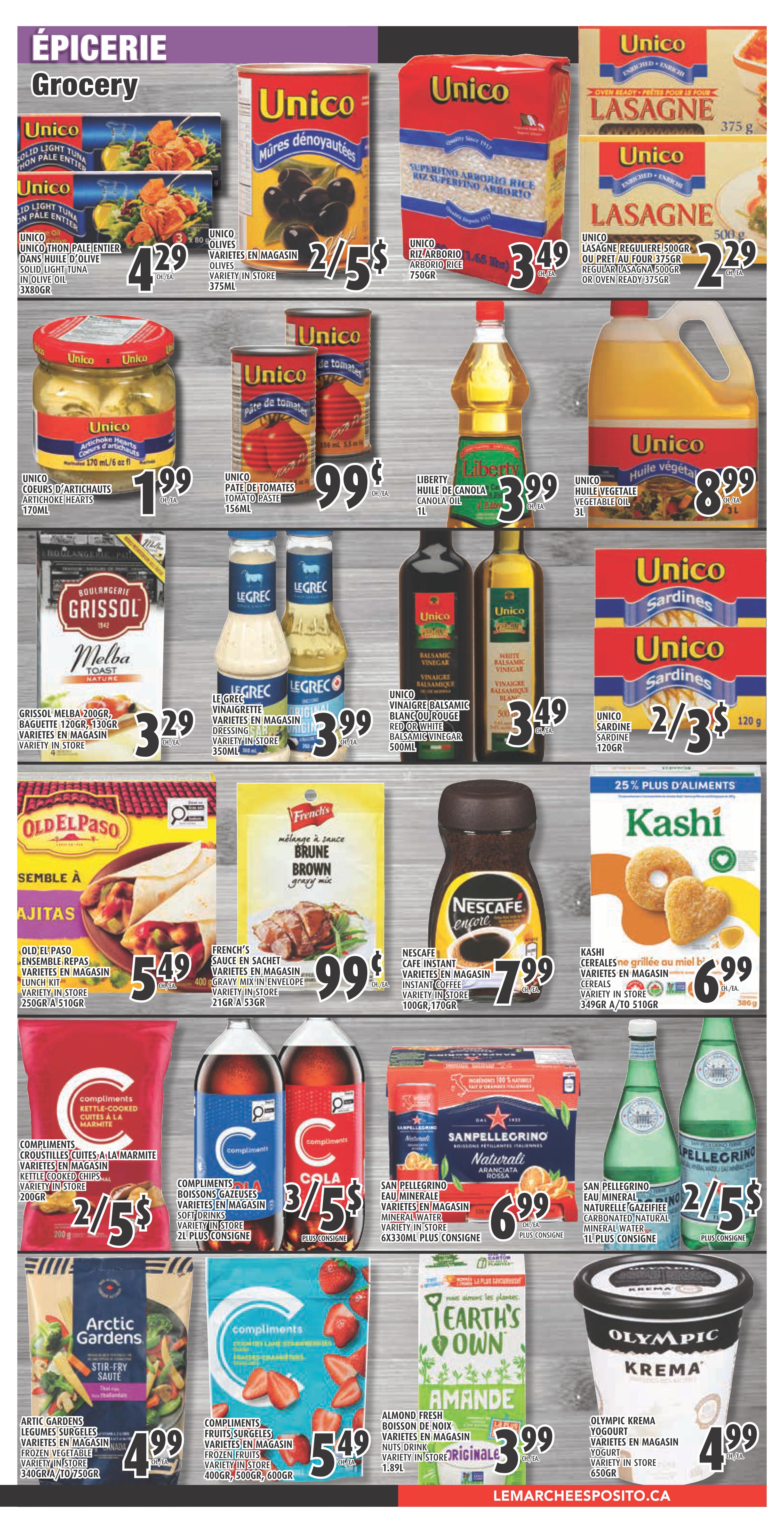 Esposito Grocery flyer page 3 featuring Unico Solid Light Tuna in Olive Oil for $4.29, Unico Olives for 2/$5, Unico Superfine Arborio Rice for $3.49, Unico Regular or Oven Ready Lasagne for $2.29. Also featured are Unico Artichoke Hearts for $1.99, Unico Tomato Paste for $0.99, Liberty Canola Oil for $3.99, and Unico Vegetable Oil for $8.99. Grissol Melba Toast and Baguette are $3.29. Legrec Vinaigrette Dressing is $3.99. Unico Balsamic Vinegar (Red or White) is $3.49. Unico Sardines are 2/$3. Old El Paso Fajita Kits are $5.49. French's Brown Gravy Mix is $0.99. Nescafe Instant Coffee is $7.99. Kashi Cereals are $6.99 with 25% off. Compliments Kettle Cooked Chips are 2/$5. Compliments Cola is 3/$5 with deposit. San Pellegrino Naturali Aranciata Rossa is $6.99 with deposit. San Pellegrino Carbonated Natural Mineral Water is 2/$5 with deposit. Arctic Gardens Stir-Fry Vegetables are $4.99. Compliments Frozen Fruits are $5.49. Earth's Own Almond Beverage is $3.99. Olympic Krema Yogurt is $4.99.