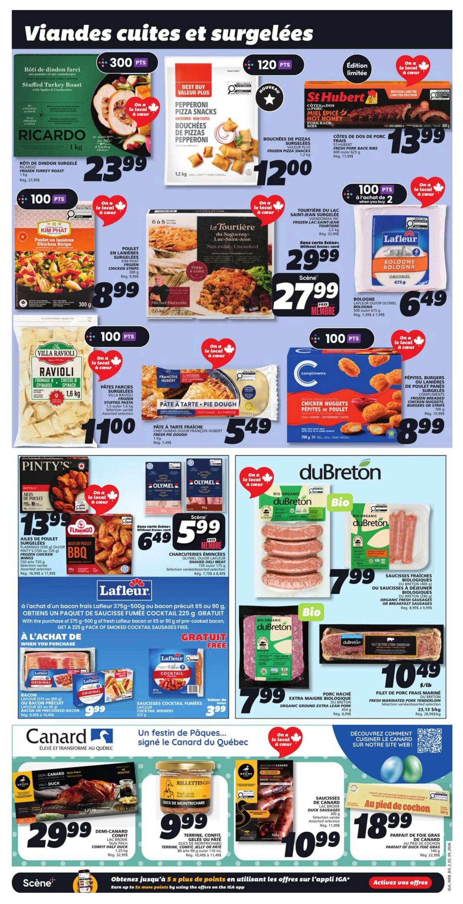 IGA Weekly Flyer Specials, Page 8, featuring cooked and frozen meats. Highlights include Ricardo Stuffed Turkey Roast for $23.99, Best Buy Value Plus Pepperoni Pizza Snacks for $12.00, and St. Hubert Hot Honey Pork Back Ribs for $13.99. Also featured are Kim Phat Frozen Chicken Strips for $8.99, La Tourtière du Lac-Saint-Jean for $27.99 (regularly $29.99), and Lafleur Bologna for $6.49. Villa Ravioli is $11.00, and Francois Hubert Fresh Pie Dough is $5.49. Pinty's Chicken Wings are $13.99. Olymel Shaved Deli Meat is $5.99. Compliments Frozen Breaded Chicken Nuggets are $8.99. DuBreton Organic Extra Lean Ground Pork is $7.99, and DuBreton Fresh Organic Pork Tenderloin is $10.49. Special offers include free Lafleur smoked chicken sausages with the purchase of 375g-500g of Lafleur bacon or 65g or 90g of pre-cooked bacon. Canard du Quebec offers include Half Duck for $29.99, Duck Rillettes for $9.99, and Duck Sausages for $10.99. Au Pied de Cochon Foie Gras Parfait is $18.99. Earn up to 5x more points by using the IGA app.