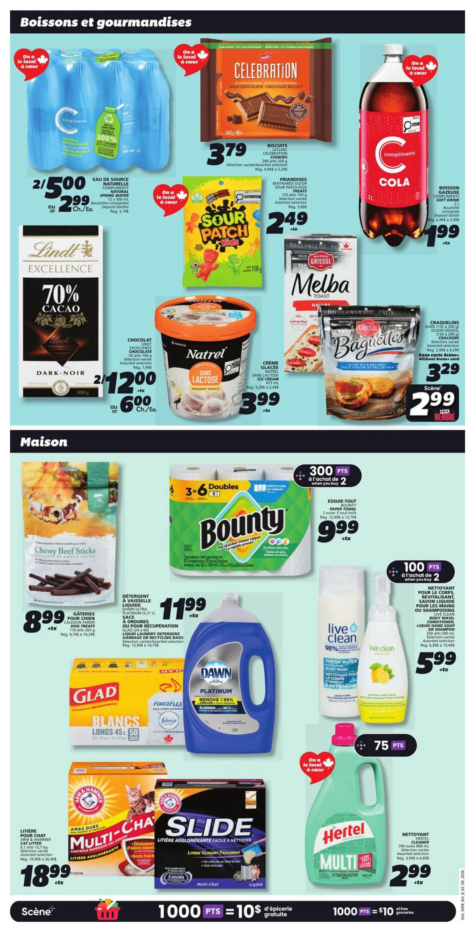 IGA Weekly Flyer Specials Page 14: Featuring beverages and groceries including C-brand spring water 12 x 500 mL for 2 for $5.00 or $2.99 each, Celebration chocolate bars for $3.79, Compliments Cola 2 L for $1.99, Sour Patch Kids candy for $2.49, Lindt Excellence 70% dark chocolate bars for 2 for $12.00 or $6.00 each, Natrel Lactose-Free ice cream for $3.99, and Grissol Melba toast for $3.29. The 'Maison' section includes Chewy Beef Sticks dog treats for $8.99, Glad Forceflex long-lasting trash bags for $11.50, Dawn Platinum dish soap for $11.99, Live Clean body wash and hand soap for $5.99, Arm & Hammer Multi-Cat clumping litter for $19.99, and Slide Multi-Cat clumping litter for $2.99. Also featured are Bounty paper towels (6 x 3-6 double rolls) for $9.99 and Hertel Multi-Surface cleaner for $2.99. Points offers include 300 points when you buy 2 Bounty paper towels and 100 points when you buy 2 Live Clean products. A scene promotion offers 1000 points for $10 of free groceries.