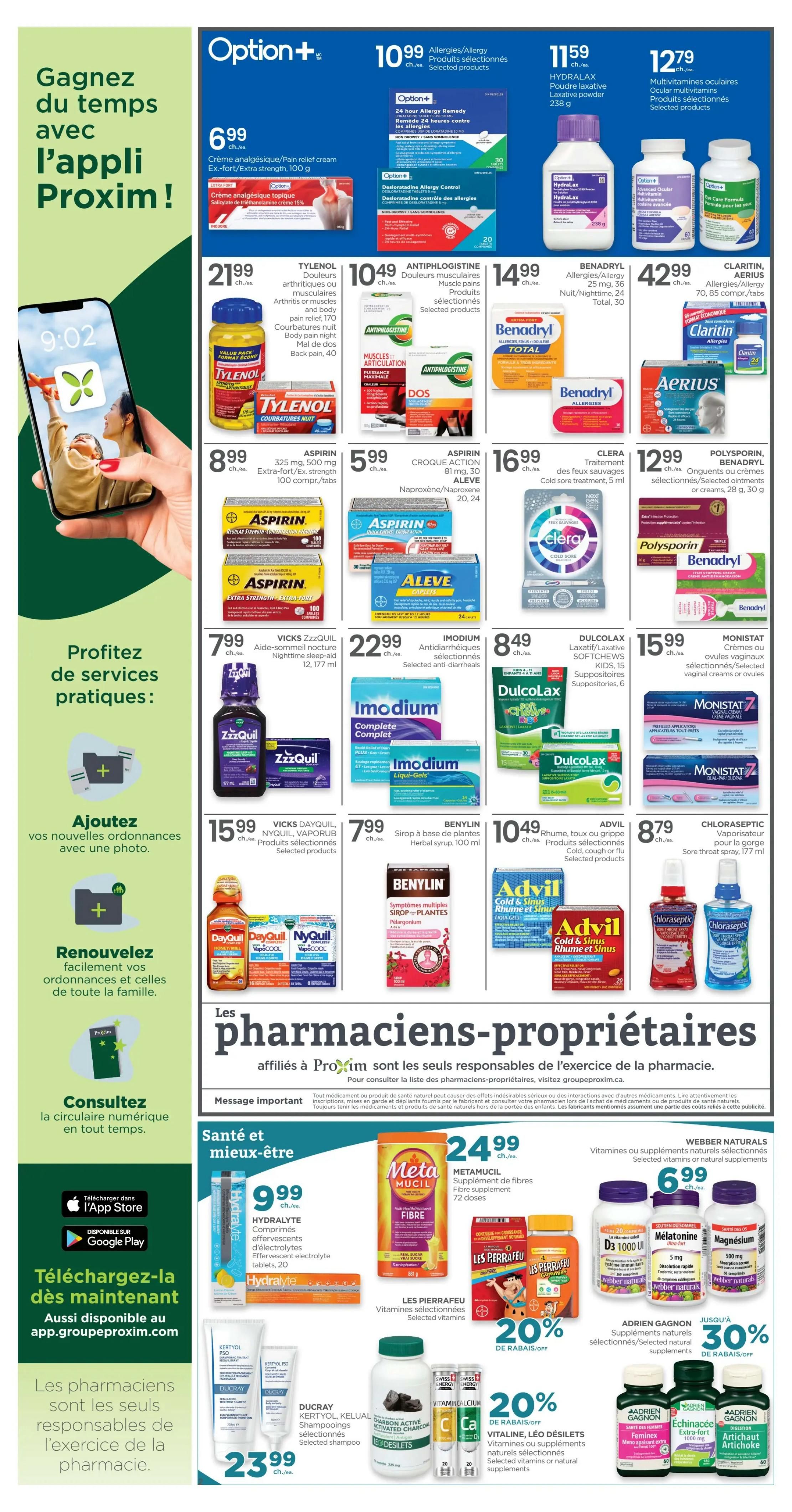 Proxim Weekly Flyer Specials, Page 3. Top section features Option+ products including 24 Hour Allergy Remedy for $10.99 and Desloratadine Allergy Control for $10.99. Other featured products include Proxim Pain Relief Cream for $6.99, Tylenol Arthritis or Muscles Pain Relief for $21.99, Antiphlogistine Muscle & Joint Pain Relief for $10.49, Benadryl Allergy Nighttime for $14.99, Claritin Allergies for $42.99, and Aerius Allergies for $12.79. Also available are Aspirin Extra Strength 100 count for $8.99, Aspirin Quick Dissolve 40 count for $5.99, Aleve Naproxen 20-24 count for $5.99, Clera Cold Sore Treatment for $16.99, and Polysporin Antibiotic Ointment for $12.99. Mid-section highlights ZzzQuil Nighttime Sleep Aid for $7.99, Imodium Complete for $22.99, Dulcolax Laxative Soft Chews for $8.49, and Monistat 7 Cream for $15.99. Further down, Vicks DayQuil, NyQuil, VapoRub are featured, along with Benylin Herbal Syrup for $7.99, Advil Cold, Flu and Sinus for $10.49, and Chloraseptic Sore Throat Spray for $8.79. The bottom section promotes Proxim's pharmacy services and features Hydralyte Effervescent Electrolyte Tablets for $9.99, Metamucil Fibre Supplement for $24.99, Les Pierrafeu Vitamins for $20 off, Adrien Gagnon Supplements with 30% off, Adrien Gagnon Echinacea for $20 off, and Vitaline Vitamins or Natural Supplements for 20% off. Also available are Ducray Kertyol Shampoo for $23.99 and Desilets Activated Charcoal for $20 off.