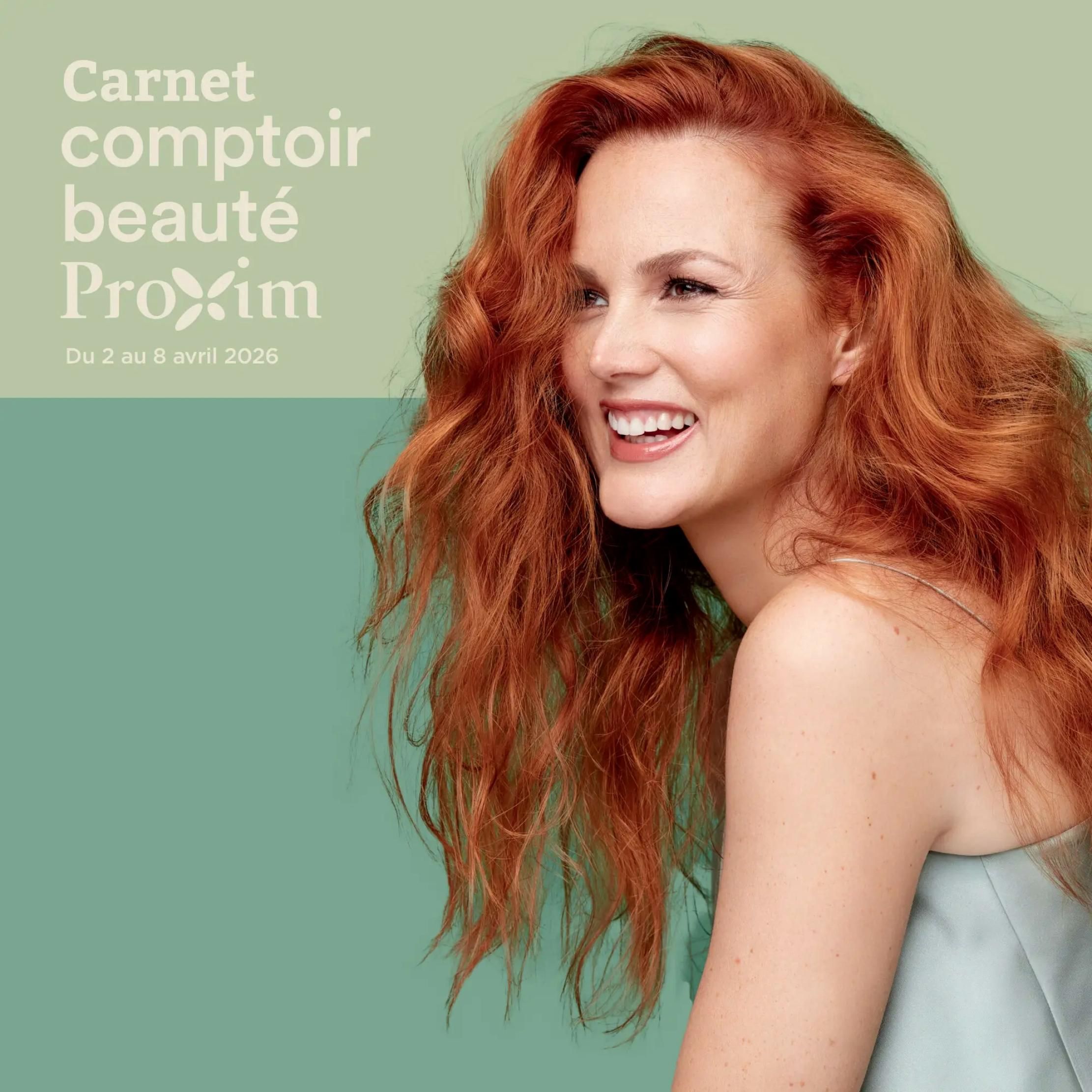 Proxim Beauty Counter flyer, page 5, featuring a smiling woman with long, wavy red hair. The flyer is valid from April 2 to April 8, 2026.