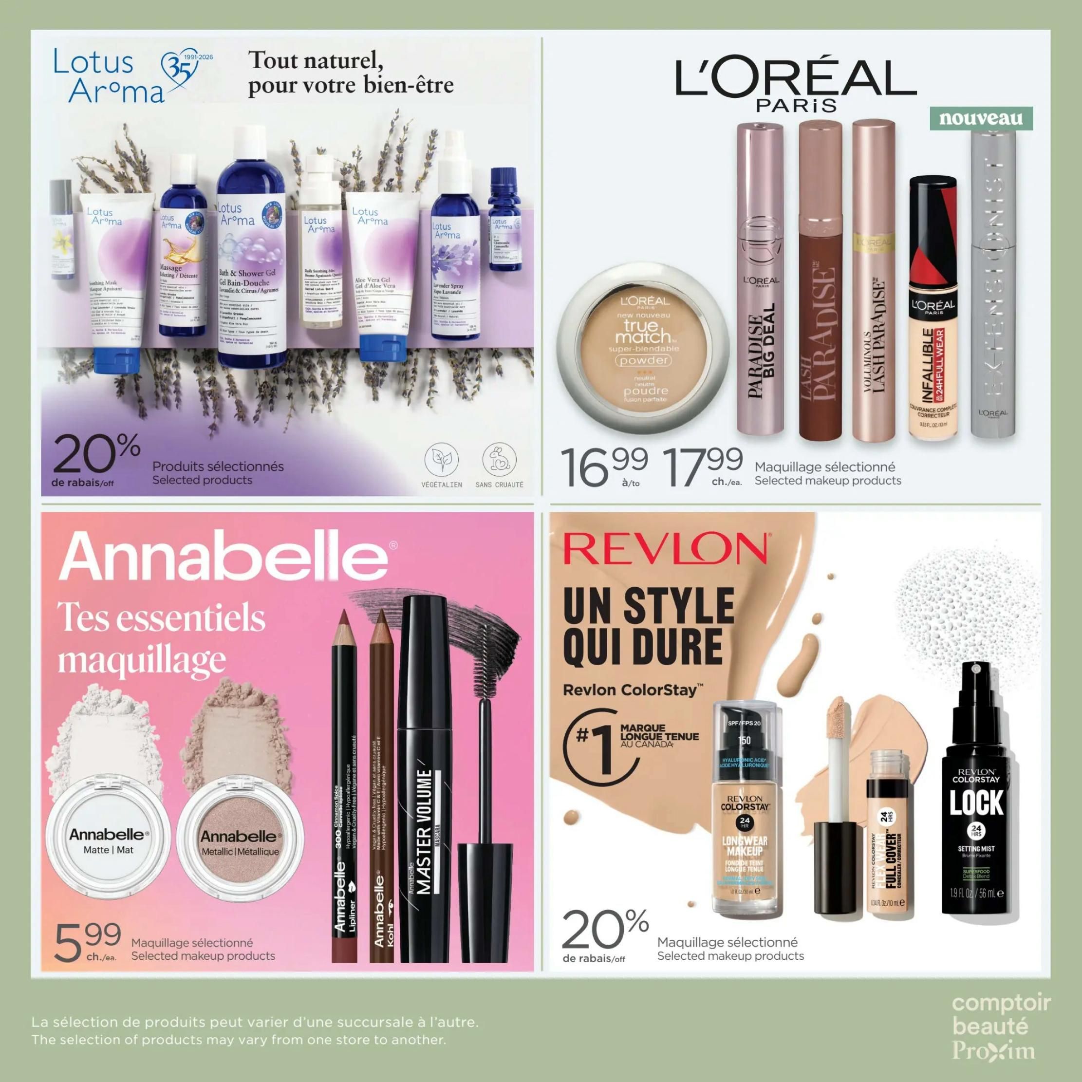 Proxim Weekly Flyer Specials, Page 7. Features Lotus Aroma products with 20% off selected items, including massage oil, bath & shower gel, and aloe vera gel. Also showcases L'Oréal Paris makeup with True Match powder for $16.99 (regularly $17.99) and various mascaras. Annabelle makeup essentials are on sale for $5.99, featuring matte and metallic eyeshadows, lipliner, and Kohl mascara. Revlon ColorStay products are highlighted, including foundation, concealer, and setting mist, with 20% off selected makeup. The bottom text states that product selection may vary by store.