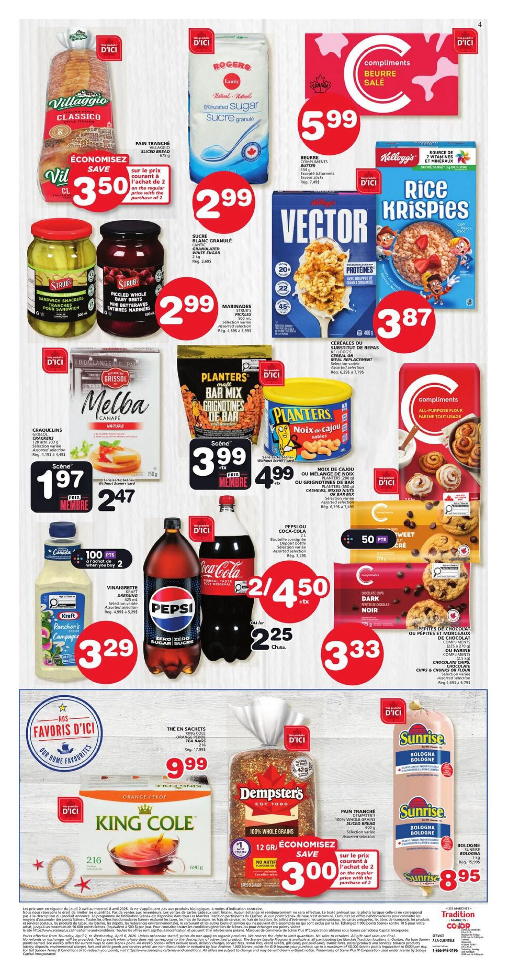 Marchés Tradition flyer page 2 specials include Villaggio Classico sliced bread for $3.50, Rogers granulated sugar for $2.99, Strub sandwich snackers and mini betteraves pickles for $2.99. Planters Bar Mix is $3.99 and Planters cashews or mixed nuts are $4.99. Kellogg's Rice Krispies cereal is $3.87. Compliments butter is $5.99 and Compliments all-purpose flour is $2.33. Kraft Rancher's Choice salad dressing is $3.29. Pepsi or Coca-Cola 2L bottles are 2 for $4.50, or $2.25 each. Compliments chocolate chips dark or milk are $3.33. King Cole orange pekoe tea bags are $9.99. Dempster's 100% whole grains sliced bread is $3.00 with purchase of 2. Sunrise bologna is $8.95.