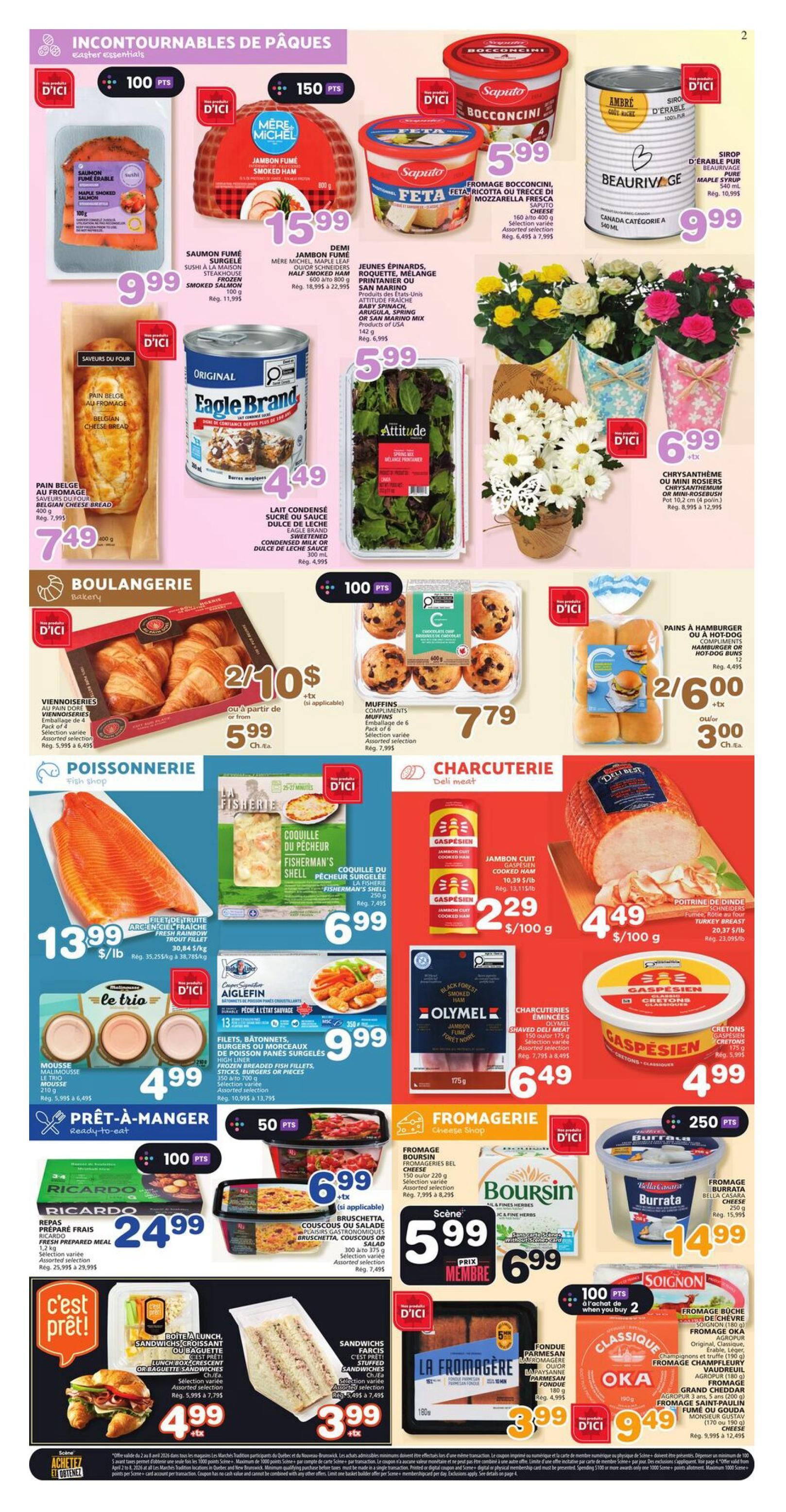 Marchés Tradition flyer page 3 features Easter essentials and bakery items. Highlights include Maple Smoked Salmon for $9.99, Mère Michel Smoked Ham for $15.99, and Saputo Bocconcini for $5.99. Also featured are Saputo Feta cheese for $5.99 and BeauRivage Maple Syrup for $9.99. Bakery items include Viennoiseries for 2 for $10 or $5.99 each, and Muffins for $7.79. In the Fish Market section, Fisherman's Shell fish is $6.99, and frozen fish fillets are $9.99. The Deli section offers Gaspesien Cooked Ham for $2.29/100g and Turkey Breast for $4.49/100g. Ready-to-eat items include Ricardo Fresh Prepared Meal for $24.99, and sandwiches or lunch boxes for $4.99. The Cheese shop offers Boursin cheese for $5.99, Burrata cheese for $14.99, and Oka cheese for $9.49. Other items include Eagle Brand Condensed Milk for $4.49, Attitude Salad for $5.99, and Chrysanthemums or Mini Rosebushes for $6.99.