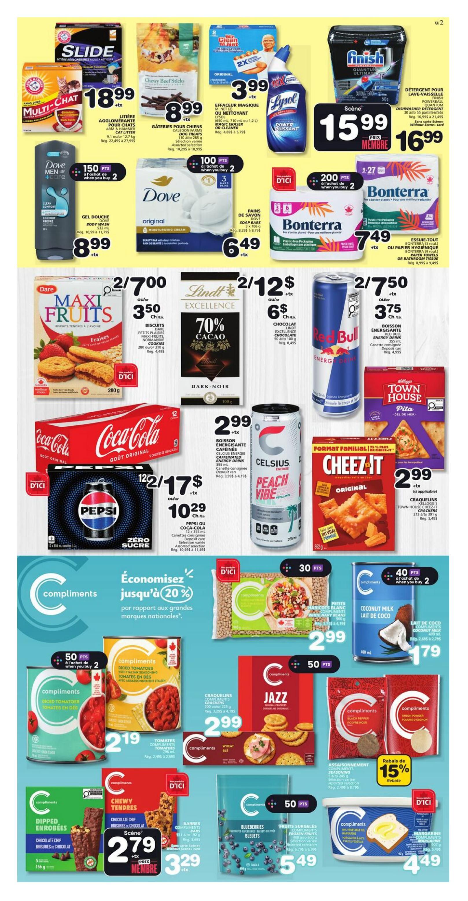 Marchés Tradition weekly flyer specials, page 6. Featured products include Slide Multi-Chat cat litter for $18.99, Chewy Beef Sticks dog treats for $8.99, Lysol disinfectant spray for $3.99, and Finish Quantum Ultimate dishwasher detergent for $15.99 (member price) or $16.99. Dove Men + Care body wash is $8.99, and Dove original moisturizing cream bars are $6.49. Bonterra paper towels are $7.49. Dare Maxi Fruits biscuits are 2 for $7.00, Lindt Excellence 70% Cacao dark chocolate is 2 for $12, and Red Bull energy drink is $2.79. Coca-Cola original taste is $2.99, and Pepsi Zero Sugar 12-pack cans are 2 for $17 or $10.29 each. Celsius Peach Vibe energy drink is $2.99. Cheez-It Original crackers are $2.99. Compliments diced tomatoes are $2.19. Compliments Jazz original crackers are $2.99. Compliments wheat berries are $2.99. Compliments black pepper and onion powder are on sale. Compliments Dipped Chocolate Chip cookies are $2.79 (member price) or $3.29. Compliments Chewy Tendres chocolate chip bars are $2.79 (member price) or $3.29. Compliments frozen blueberries are $5.49. Compliments margarine is $4.49. Also featured is a 15% rebate on Compliments seasonings. Save up to 20% on select Compliments products compared to national brands.