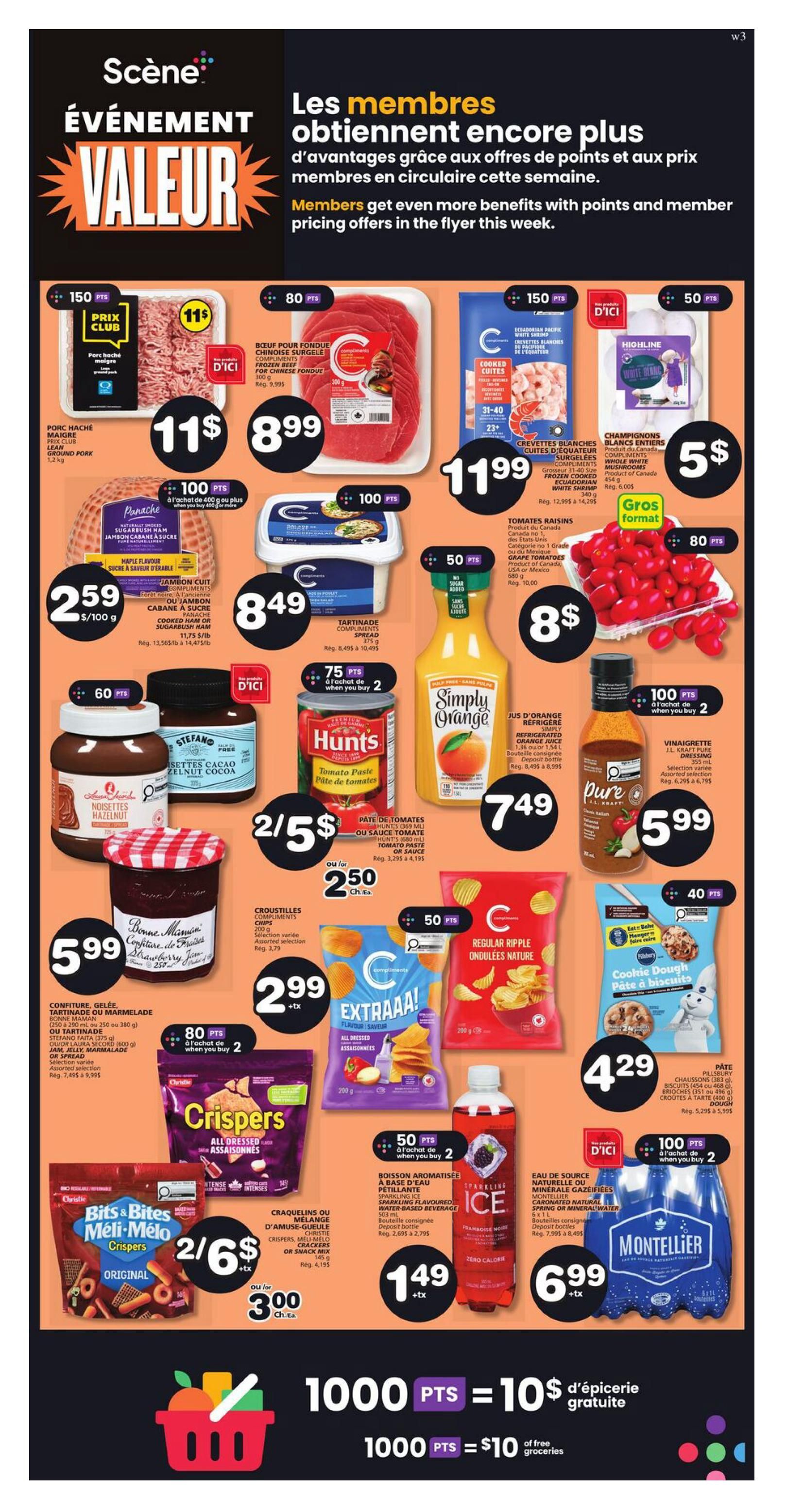 Marchés Tradition flyer page 7 features a 'Value Event' with member exclusive pricing. Deals include: Pork Haché Club Price for $11, Frozen Beef for Chinese Fondue at $8.99, Cooked Ecuadorian Pacific Shrimp for $11.99, and White Beans for $5. Also featured are Panache Sugarbush Ham for $2.59/100g, Compliments Spread for $8.49, Simply Orange Juice for $7.49, and Kraft Tomatoes for $8. Hunt's Tomato Paste is on sale 2 for $5, or $2.50 each. Bonne Maman Strawberry Jam is $5.99. Stefano Cacao Hazelnut Cocoa Spread is 60 points. Christie Crispers chips are 2 for $6, or $3.00 each. Extraaa! Flavoured Chips are $2.99. Bits & Bites Meli-Melo Original cookies are 2 for $6, or $3.00 each. ICE Sparkling Flavoured Water-Based Beverage is $1.49. Montellier Carbonated Natural Spring or Mineral Water is $6.99. Pillsbury Doughs are $4.29. The bottom of the page highlights a Scene+ promotion: 1000 Scene+ points equals $10 in free groceries.