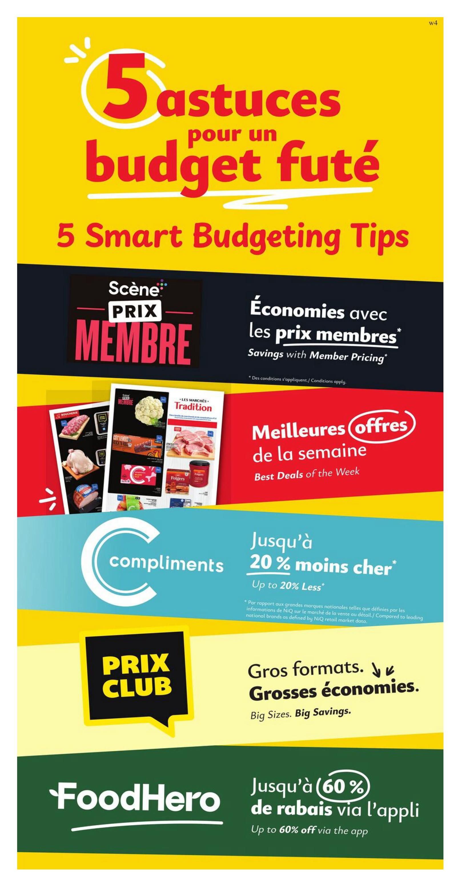 Marchés Tradition flyer page 8 features '5 Smart Budgeting Tips'. It highlights 'Member Pricing' for savings, 'Best Deals of the Week' with images of meat and Follgers coffee, 'Compliments' offering up to 20% less, 'Prix Club' for big sizes and big savings, and 'FoodHero' with up to 60% off via the app.