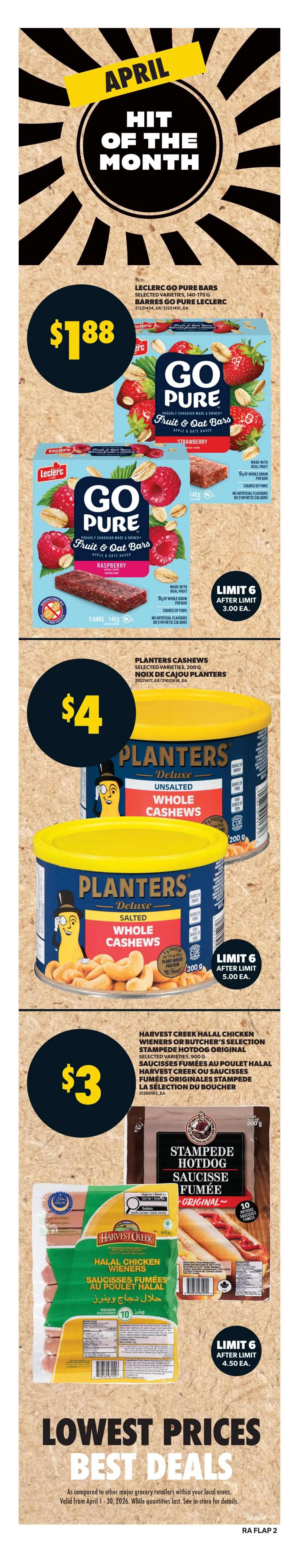 Atlantic Superstore weekly flyer specials for April 2-8, 2026. Featured deals include a limited-time Deal Drop of a PC rectangular acacia serving board for $12, with a limit of 3. Fresh chicken drumsticks or thighs are on sale for $2.99 per pound. A cap-off beef rib roast is priced at $10.44 per pound. Atlantic salmon skin-on fillets are $10 per pound. Large vegetable or fruit platters are available for $20. Greenhouse tomatoes on the vine are $1.99 per pound, saving up to $1.00. PC Extra Large Green or Red Seedless Grapes are $2.99 per pound, saving up to $1.00. Romaine lettuce is $4 for a package of 3, saving up to 33%. Green Giant frozen vegetables are $2.50, saving up to $1.50. Pepsi, 7UP, Schweppes, Dr Pepper, Crush, Mountain Dew, Mug, A&W, Sprite, Canada Dry, Fresca, Coca-Cola or Fanta soft drinks are 3 for $4.98 when you buy 3, saving $0.99. Balderson Cheddar, Gouda or Kolbassa cheese is $6.50, saving up to 38%. Cavendish fries or specialty potatoes are $2.50, saving up to 47%. Black Diamond cheese bars or shredded cheese are $4.88, saving up to $1.60. PC Super Soft bathroom tissue club pack (30-100 rolls) is $21.99 for non-members. Also featured is a Disney Pixar Album Pre-Sale with a free pack of stickers, and an Animal Friends Stitch collectible sticker pack. Optimum members can get the Animal Friends album for $3, while non-members pay $5.