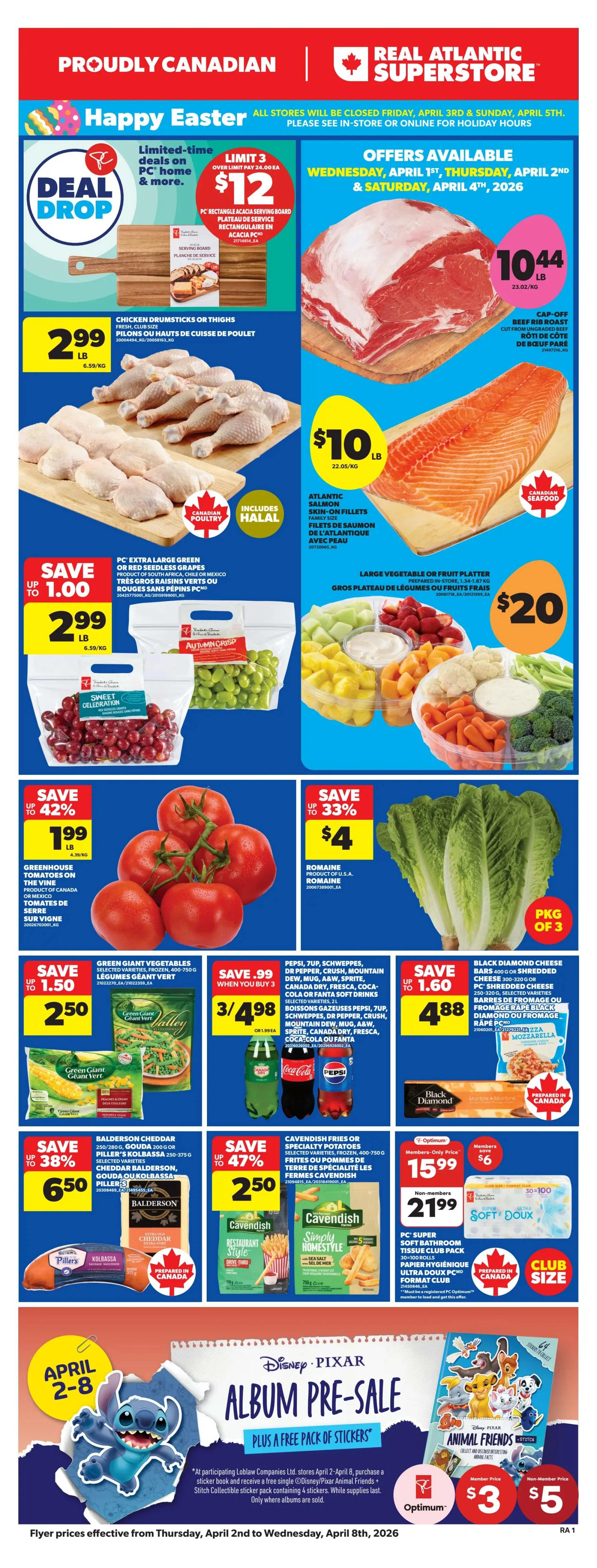 Atlantic Superstore weekly flyer specials page 1 features 'Hop Into Delicious Savings'. Fresh Grade A Turkeys are $2.49 per pound. PC Bacon selected varieties are $5, with an offer of 1,000 PC Optimum points back ($1 value) when you buy. PC Black Tiger Shrimp Ring with mild cocktail sauce (568g) is $28, with an offer of 8,000 PC Optimum points back ($8 value). 8-inch pies, selected varieties (630-750g) are $6. Scottsburn Farmers Ice Cream Sandwiches (12x110ml) and Scottsburn Family Favorites Ice Cream (1.5L) or Novelties (900ml/1.32L) are $3.