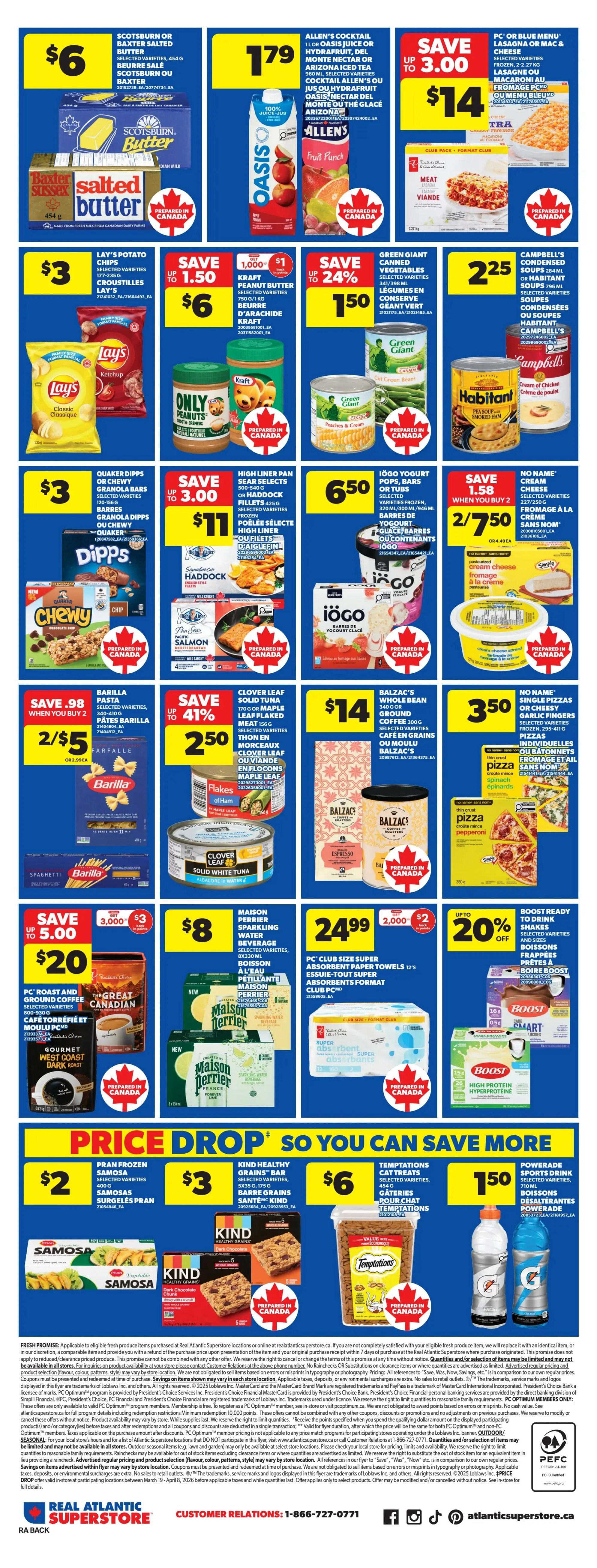 Atlantic Superstore weekly flyer specials page 4. Featured products include Scotsburn or Baxter salted butter for $6, Allen's cocktail or Oasis juice for $1.79, and PC or Blue Menu lasagna or mac & cheese for $14. Also available are Kraft peanut butter for $6, Green Giant canned vegetables for $1.50, and Campbell's condensed or evaporated milk for $2.25. Quaker Dipps or Chewy granola bars are $3, High Liner pan sear fillets (haddock or salmon) are $11, and Iögo yogurt tubs are $6.50. No Name cream cheese is 2 for $7.50, Barilla pasta is 2 for $5, Clover Leaf solid white tuna is $2.50, and Balzac's whole bean ground coffee is $14. PC Roast and Ground Coffee is $20, Maison Perrier sparkling water is $8, and PC Club Size Super Absorbent Paper Towels are $24.99. Boost Ready to Drink Shakes are on sale for 20% off. The bottom section highlights 'Price Drop' specials: Pran frozen samosas for $2, Kind Healthy Grains bar for $3, Temptations cat treats for $6, and Powerade sports drinks for $1.50.