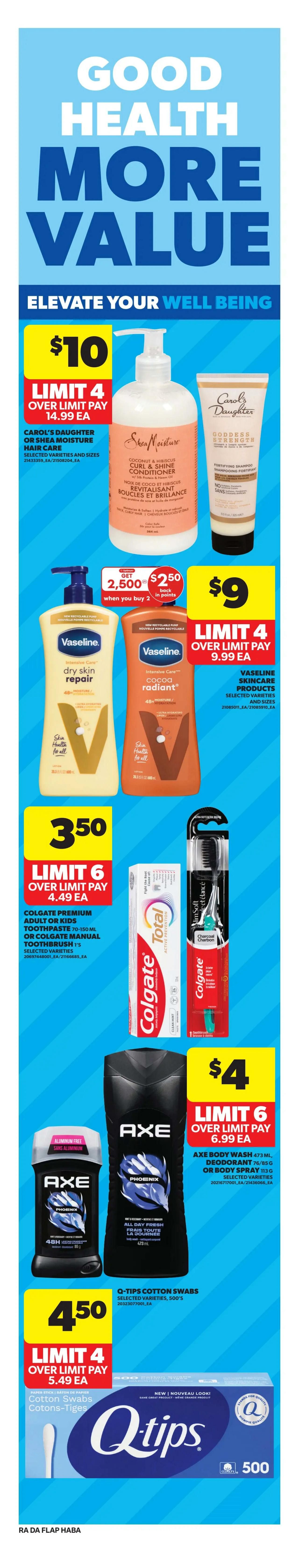 Atlantic Superstore weekly flyer specials page 8 features 'Good Health More Value' with 'Elevate Your Well Being' theme. Promotions include Carol's Daughter or Shea Moisture hair care for $10 (limit 4, over limit pay $14.99 ea). Vaseline skincare products are on sale: buy 2 for $2.50 back in points, or pay $9 for 1 (limit 4, over limit pay $9.99 ea). Colgate Premium Adult or Kids Toothpaste (70-150 mL) or Colgate Manual Toothbrush is $3.50 (limit 6, over limit pay $4.49 ea). Axe Body Wash (473 mL), Deodorant (76/85g) or Body Spray (113g) is $4 (limit 6, over limit pay $6.99 ea). Q-Tips Cotton Swabs (selected varieties, 500 count) are $4.50 (limit 4, over limit pay $5.49 ea).