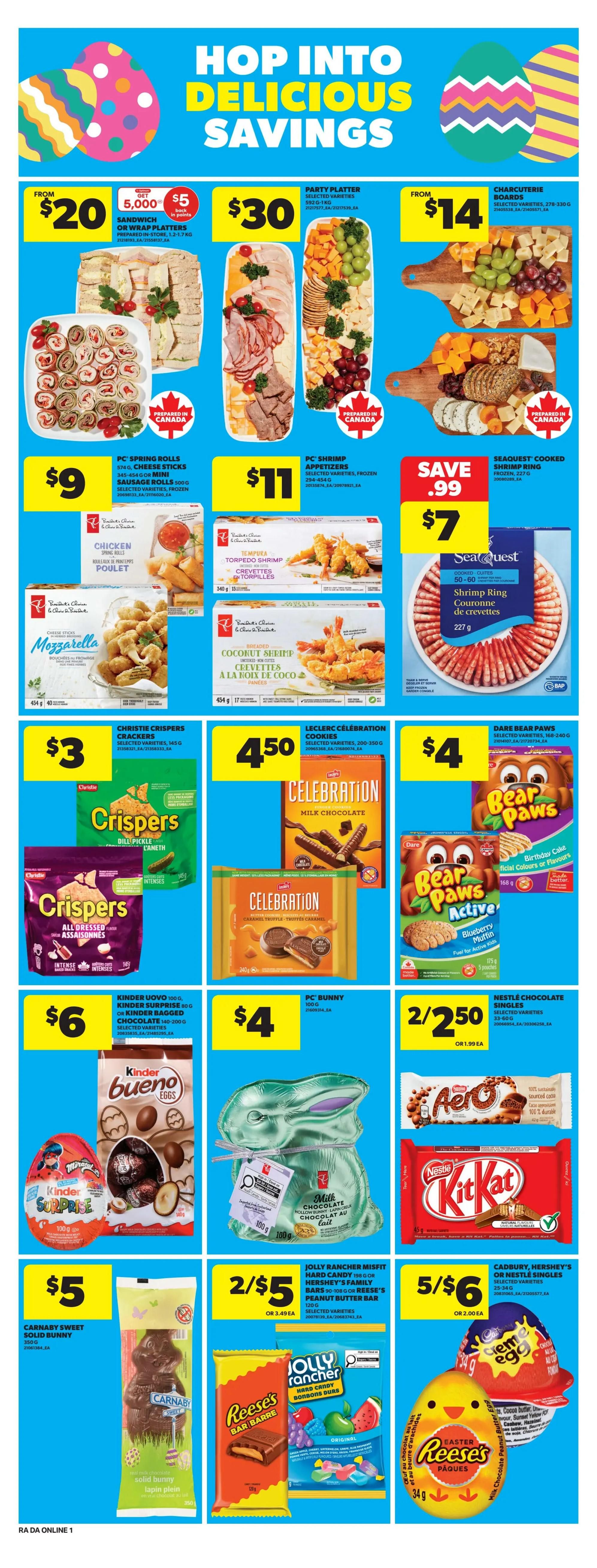 Atlantic Superstore weekly flyer specials page 9 features 'Hop Into Delicious Savings' with various Easter-themed treats and party platters. Deals include sandwich or wrap platters from $20, party platters for $30, and charcuterie boards from $14. Frozen appetizers like PC Spring Rolls and Cheese Sticks are $9, and PC Shrimp Appetizers are $11. SeaQuest Cooked Shrimp Rings are $7. Christie Crispers crackers are $3. Leclerc Celebration Cookies are $4.50. Dare Bear Paws cookies are $4. Kinder Uovo, Kinder Surprise, or Kinder Bagged Chocolate are $6. PC Bunny 100g is $4. Nestle Chocolate Singles, including Aero, are 2 for $2.50. Carnaby Sweet Solid Bunny is $5. Jolly Rancher Misfit Hard Candy or Hershey's Family Bars are 2 for $5. Cadbury, Hershey's, or Nestle Singles are 5 for $6.
