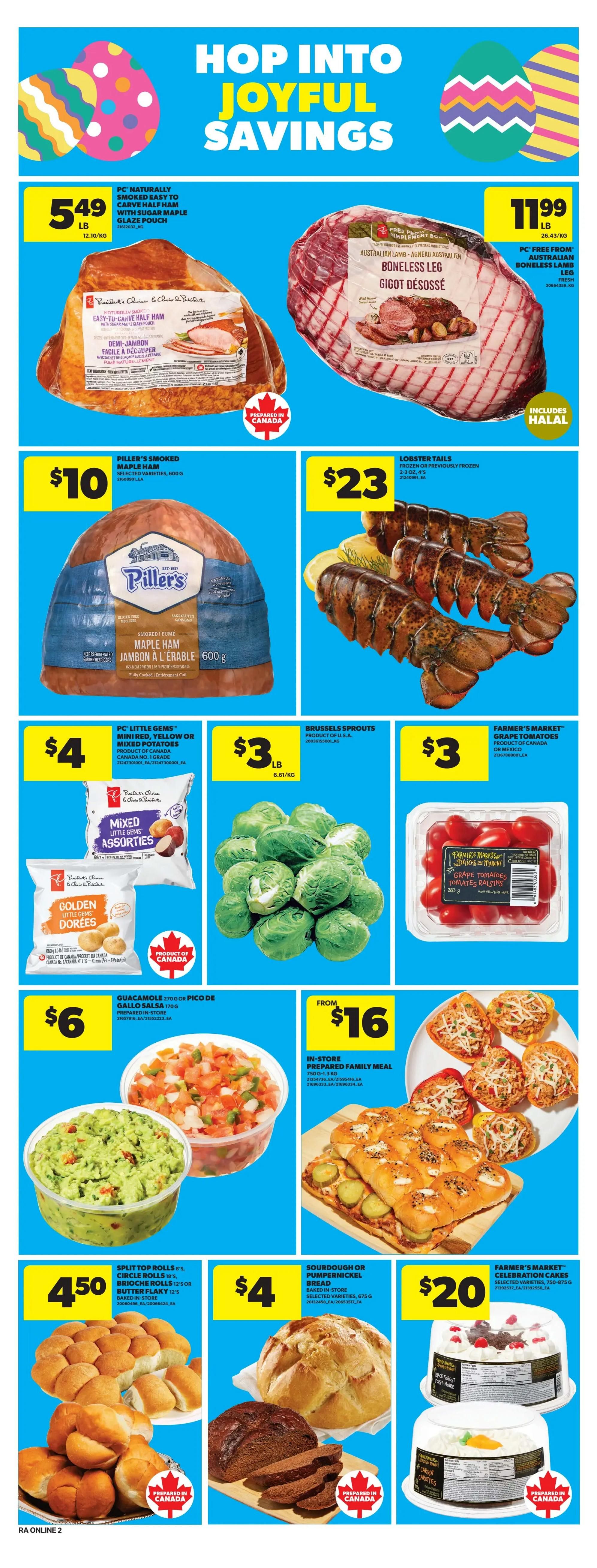 Atlantic Superstore weekly flyer specials page 10 features 'Hop Into Joyful Savings' with Easter-themed graphics. Highlighted deals include PC Naturally Smoked Easy to Carve Half Ham with Sugar Maple Glaze Pouch for $5.49/lb, and PC Free From Australian Boneless Leg of Lamb for $11.99/lb. Piller's Smoked Maple Ham (600g) is $10. Lobster Tails are $23. PC Little Gems Mini Red, Yellow or Mixed Potatoes are $4. Brussels Sprouts are $3/lb. Farmer's Market Grape Tomatoes are $3. Guacamole or Pico de Gallo Salsa (170g) is $6. In-store prepared family meals start from $16. Split Top Rolls, Brioche Rolls, or Butter Flaky Rolls are $4.50. Sourdough or Pumpernickel Bread is $4. Farmer's Market Celebration Cakes are $20. All featured meat and bakery items are prepared in Canada.