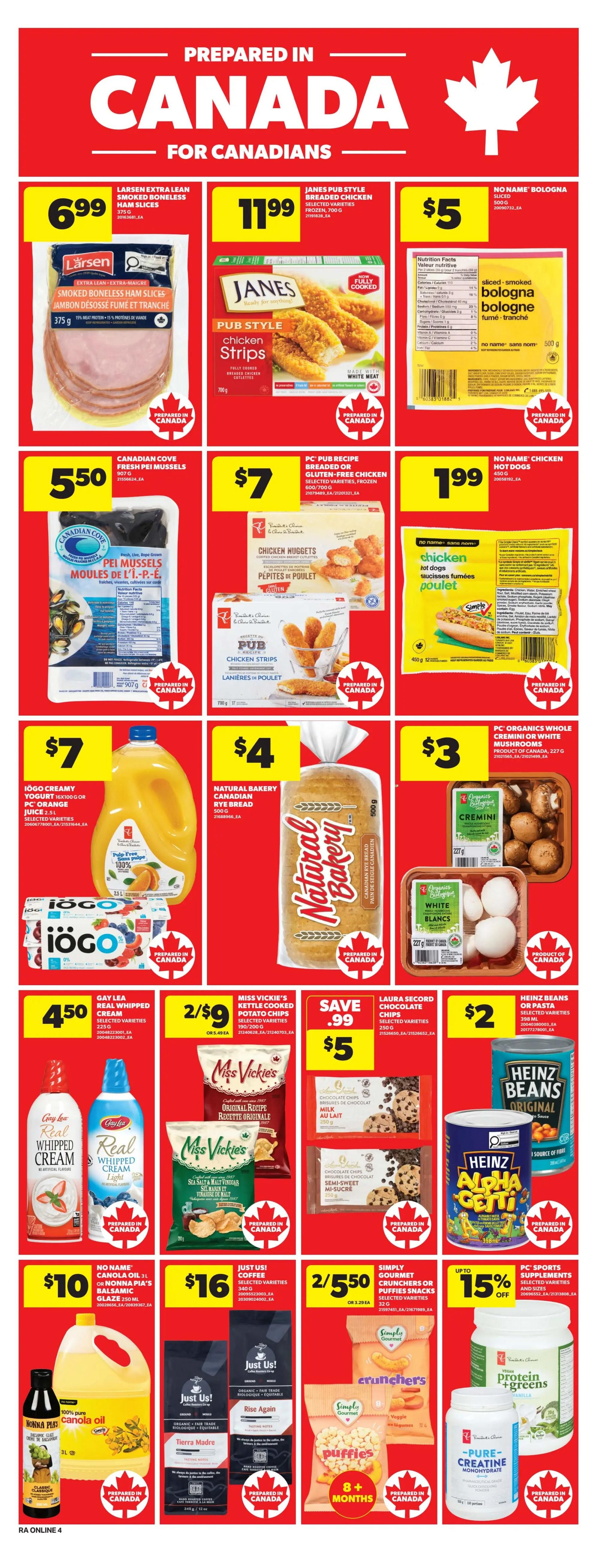 Atlantic Superstore weekly flyer specials page 12 features a variety of Canadian-made products. Top row includes Larsen Extra Lean Smoked Boneless Ham Slices for $6.99, Janes Pub Style Breaded Chicken Strips for $11.99, and No Name Bologna for $5. Middle row showcases Canadian Cove Fresh PEI Mussels for $5.50, PC Pub Recipe Breaded or Gluten-Free Chicken selected varieties for $7, and No Name Chicken Hot Dogs for $1.99. The next row features Iögo Creamy Yogurt and PC Orange Juice for $7, Natural Bakery Canadian Rye Bread for $4, and PC Organics Whole Cremini or White Mushrooms for $3. Bottom row offers Gay Lea Real Whipped Cream for $4.50, Miss Vickie's Kettle Cooked Potato Chips for 2 for $9, Laura Secord Chocolate Chips for $5, and Heinz Beans or Pasta for $2. The final row displays No Name Canola Oil or Nonna Pia's Balsamic Glaze for $10, Just Us! Coffee selected varieties for $16, Simply Gourmet Crunchers or Puffies Snacks for 2 for $5.50, and PC Sports Supplements with up to 15% off.