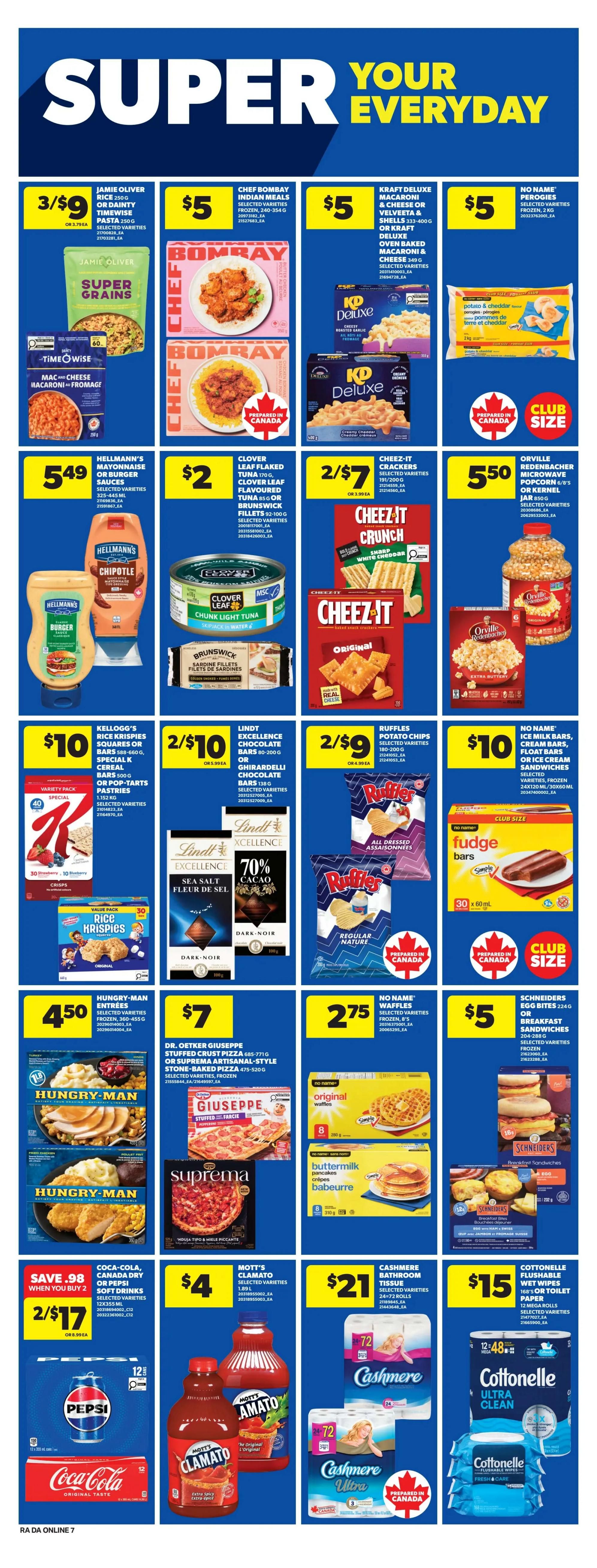 Atlantic Superstore weekly flyer specials page 14 features Jamie Oliver Super Grains rice for $3/9 or pasta for $3/9, TimeWise Mac & Cheese for $5.49, and Hellmann's Mayonnaise or Burger Sauce for $5.49. Chef Bombay Indian Meals are $5, Kraft Deluxe Macaroni & Cheese or Shells are $5, and No Name Perogies are $5. Clover Leaf Flaked Tuna or Brunswick Fish Fillets are 2/$7. Cheez-It Crackers are 2/$7. Orville Redenbacher Microwave Popcorn is $5.50. Kellogg's Rice Krispies Squares or Bars and Pop-Tarts are $10. Lindt Excellence Chocolate Bars or Ghirardelli Chocolate Bars are 2/$9. Ruffles Potato Chips are 2/$9. Hungry-Man Entrees are $4.50. Dr. Oetker Giuseppe Stuffed Crust Pizza or Suprema Artisanal-Style Stone-Baked Pizza are $7. No Name Waffles are $2.75. Schneiders Egg Bites or Breakfast Sandwiches are $5. Coca-Cola, Canada Dry or Pepsi Soft Drinks are 2/$17. Mott's Clamato or Amato drinks are $4. Cashmere Bathroom Tissue is $21. Cottonelle Flushable Wet Wipes or Toilet Paper is $15.