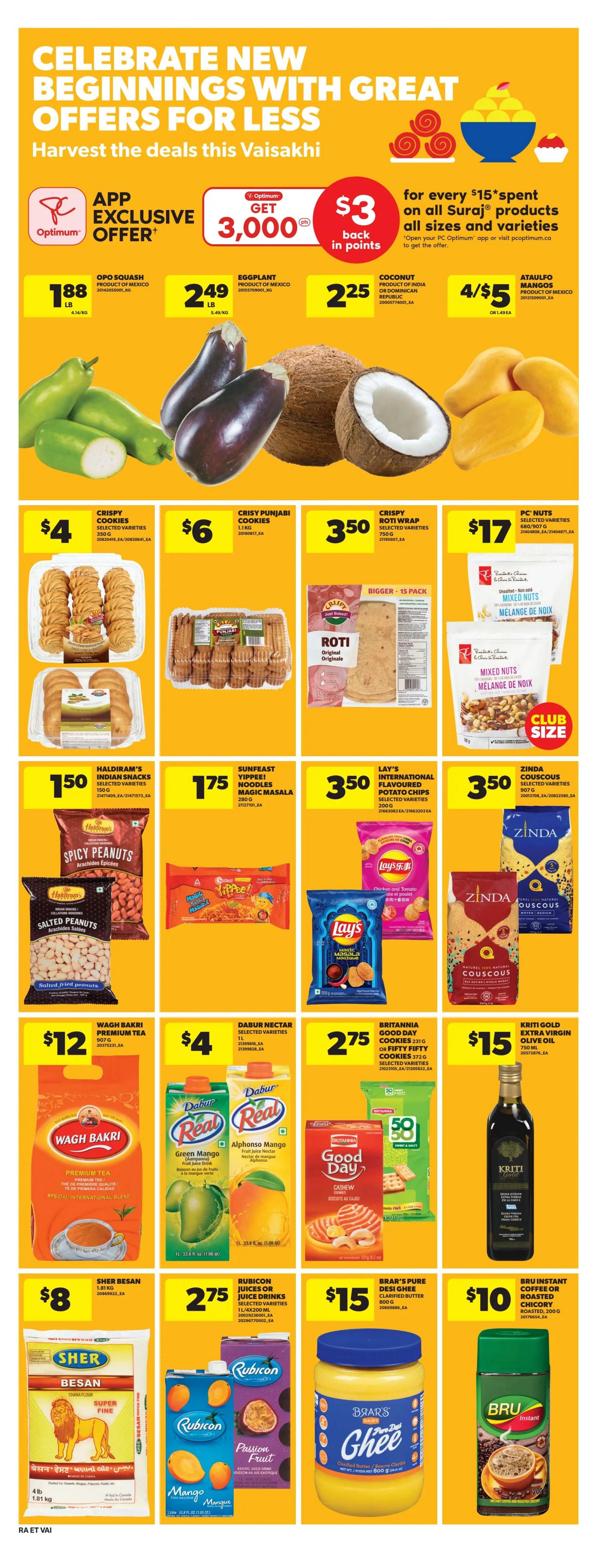 Atlantic Superstore weekly flyer specials page 15, featuring Vaisakhi offers. App exclusive offer: Get 3,000 Optimum points back in points for every $15 spent on all Suraj products. Produce deals include Opo Squash for $1.88/lb, Eggplant for $2.49/lb, Coconut for $2.25 each, and Ataulfo Mangos for 4/$5. Snacks and pantry items on sale: Crispy Cookies for $4, Crispy Punjabi Cookies for $6, Crispy Wrap Roti for $3.50, PC Nuts Mixed Nuts for $17. Haldiram's Indian Snacks are $1.50, Sunfeast Noodles Magic Masala for $1.75, Lay's International Flavoured Potato Chips for $3.50, and Zinda Couscous for $3.50. Other deals: Wagh Bakri Premium Tea for $12, Dabur Nectar Juice Drinks (Green Mango and Alphonso Mango) for $4, Britannia Good Day or Fifty Fifty Cookies for $2.75, and Kriti Gold Extra Virgin Olive Oil for $15. Also featured are Sher Besan Flour for $8, Rubicon Juices or Juice Drinks (Mango and Passion Fruit) for $2.75, Braar's Pure Desi Ghee for $15, and Bru Instant Coffee or Roasted Chicory for $10.