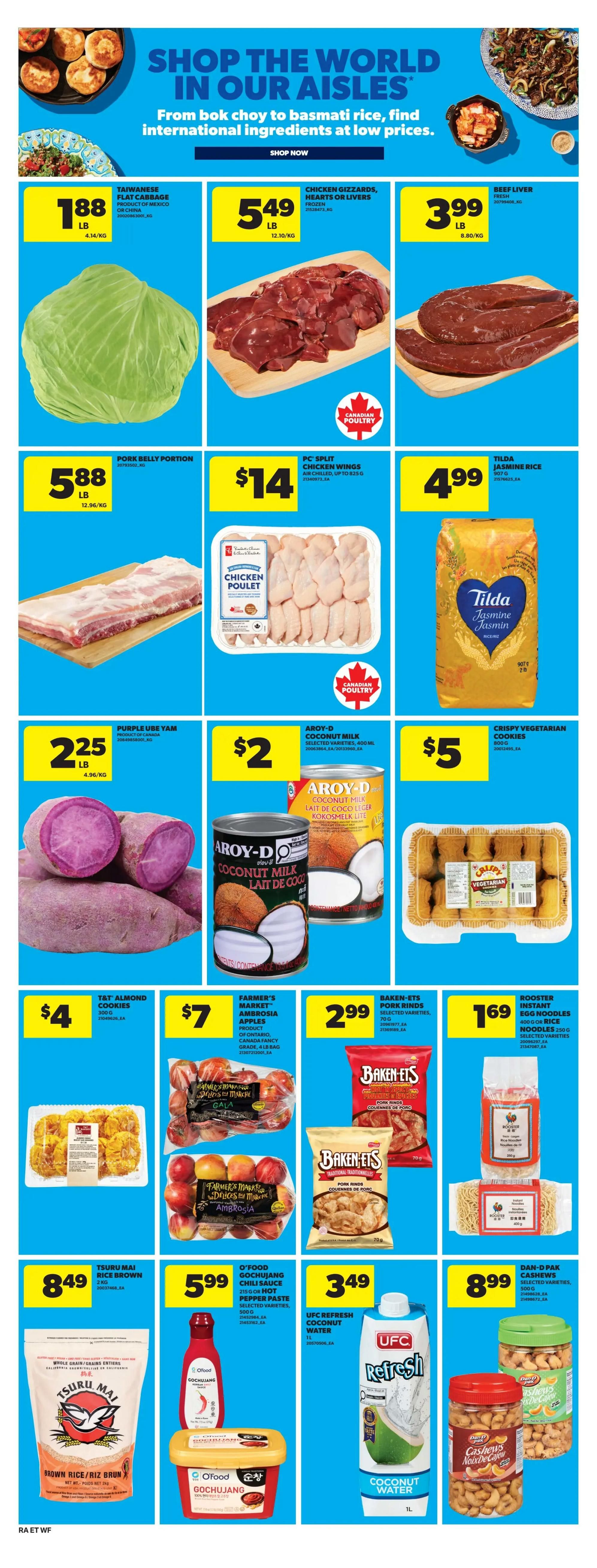 Atlantic Superstore weekly flyer specials page 16 features a variety of international ingredients. Highlights include Taiwanese Flat Cabbage for $1.88/lb, Chicken Gizzards, Hearts or Livers (frozen) for $5.49/lb, and Beef Liver (fresh) for $3.99/lb. Pork Belly Portion is available for $5.88/lb. PC Split Chicken Wings (air chilled) are $14, and Tilda Jasmine Rice (907g) is $4.99. Purple Ube Yam is priced at $2.25/lb. Aroy-D Coconut Milk (400ml) is $2, and Crispy Vegetarian Cookies (800g) are $5. Farmer's Market Ambrosia Apples (Canada Fancy, 4lb bag) are $7. Baken-Ets Pork Rinds (selected varieties, 70g) are $2.99. Rooster Instant Egg Noodles (400g or Rice Noodles 250g) are $1.69. Tsuru Mai Rice Brown (2kg) is $8.49. O'Food Gochujang Chili Sauce (215g hot pepper paste) is $5.99. UFC Refresh Coconut Water (1L) is $3.49. Dan-D Pak Cashews (selected varieties, 500g) are $8.99.