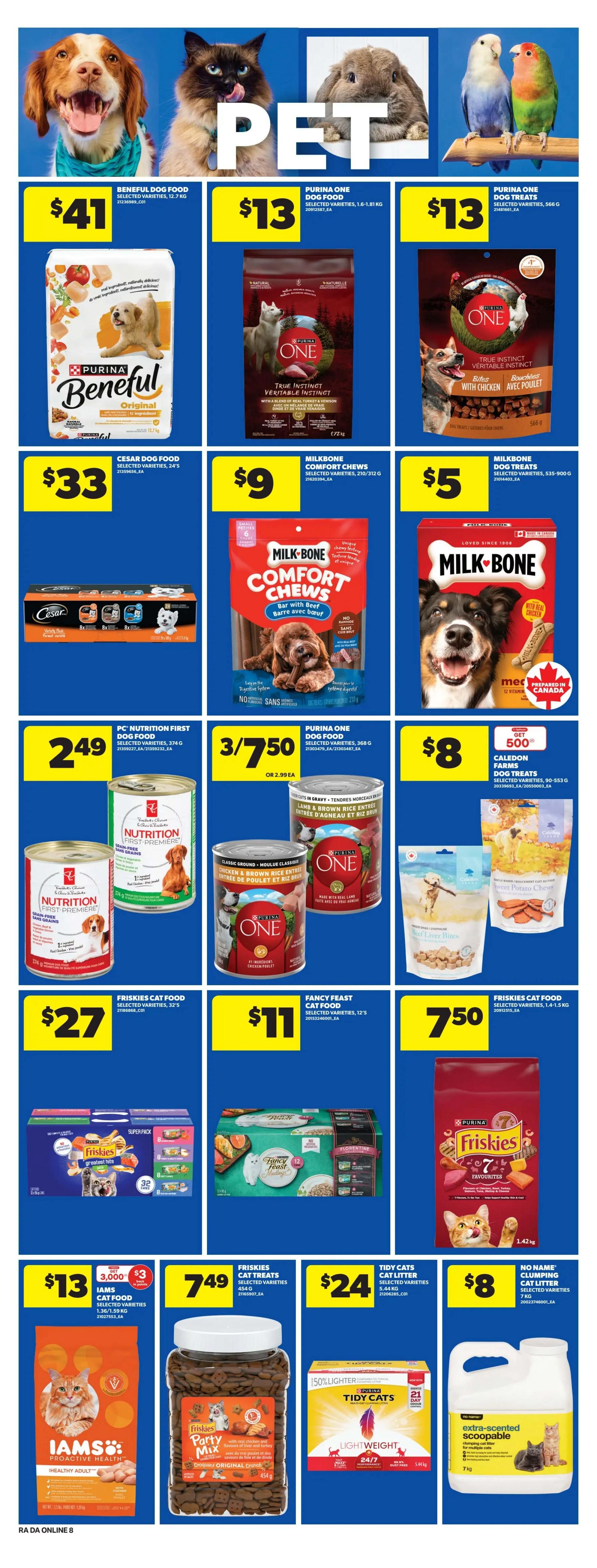 Atlantic Superstore weekly flyer specials page 17 features a variety of pet food and treats. Top row includes Beneful Dog Food for $41, Purina One Dog Food for $13, and Purina One Dog Treats for $13. Middle row showcases Cesar Dog Food for $33, Milk-Bone Comfort Chews for $9, and Milk-Bone Dog Treats for $5. The next row features PC Nutrition First Dog Food cans for $2.49, Purina One Cat Food cans for 3 for $7.50, and Caldon Farms Dog Treats for $8. The bottom section highlights Friskies Cat Food 32's for $27, Fancy Feast Cat Food 12's for $11, and Friskies Cat Food 1.4-1.5 kg for $7.50. Additional offers include Iams Cat Food for $13 with a $3 offer, Friskies Cat Treats for $7.49, Tidy Cats Cat Litter for $24, and No Name Clumping Cat Litter for $8.