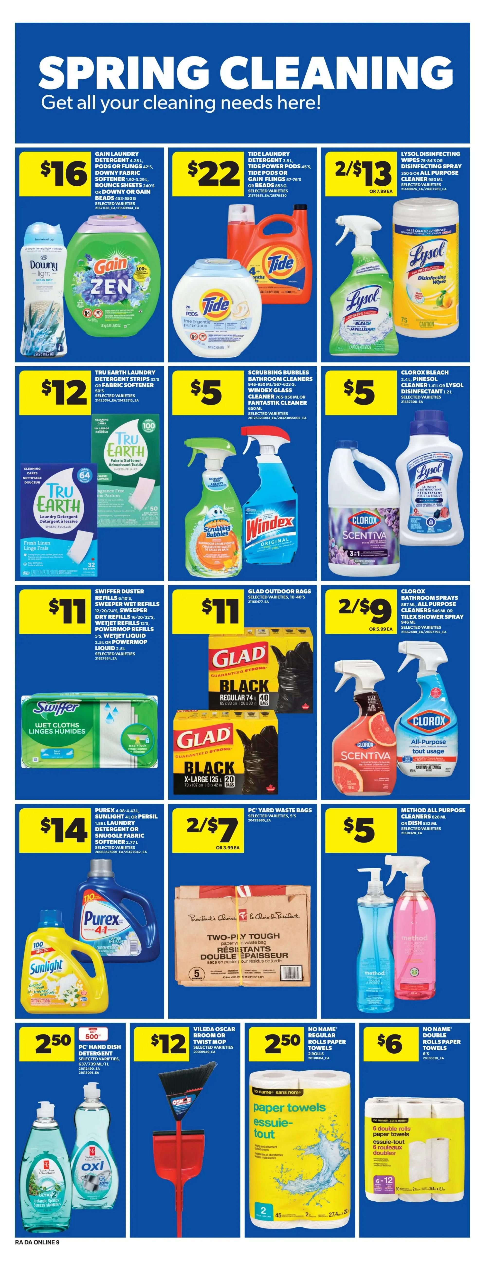 Atlantic Superstore Spring Cleaning specials page featuring a variety of cleaning products. Deals include Gain Laundry Detergent 4.25L, Pods or Flings 42's, Downy Fabric Softener 1.92-3.29L, Bounce Sheets 240's or Downy or Gain Beads 453-550g for $16. Tide Laundry Detergent 3.9L, Tide Power Pods 45's, Tide Pods or Gain Flings 57-76's or Beads 853g for $22. Lysol Disinfecting Spray 75-84's or All Purpose Cleaner 950ml for 2/$13. Tru Earth Laundry Detergent Strips 32's or Fabric Softener for $12. Scrubbing Bubbles Bathroom Cleaners 565-950ml or Windex Glass Cleaner 765-950ml or Fantastik Cleaner 650ml for $5. Swiffer Duster Refills 6/10's, Sweeper Wet Refills 12/20/24's, Powerpack Refills 5's, Wetjet Liquid 2.5L or Power Mop Liquid 2.5L for $11. Glad Outdoor Bags selected varieties 10-40's for $11. Clorox Bleach 2.4L, Pinesol Cleaner 1.2L or Lysol Disinfectant 1.2L for $5. Clorox Scentiva 2.4L or Clorox All-Purpose Cleaners 946ml or Tilex Shower Spray for 2/$9. Purex 4.08-4.43L, Sunlight 4L or Persil 1.86L Laundry Detergent or Snuggle Fabric Softener 2.77L for $14. PC Yard Waste Bags selected varieties 5's for 2/$7. Method All Purpose Cleaners 828ml or Dish 532ml for $5. PC Hand Dish Detergent selected varieties 537-739ml or 1.18L for $2.50. Vileda Oscar Broom or Twist Mop for $12. No Name Regular Rolls Paper Towels 2 rolls for $2.50. No Name Double Rolls Paper Towels 6 double rolls for $6.