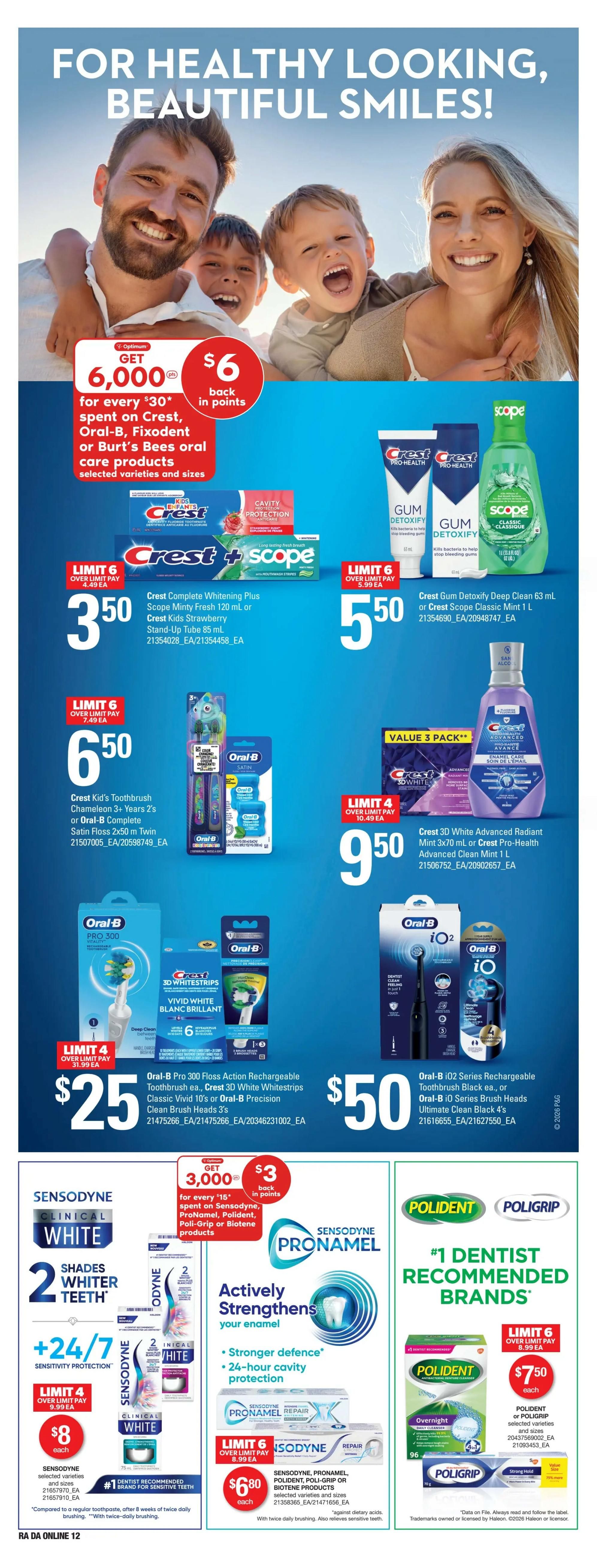 Atlantic Superstore weekly flyer specials page 22 features a promotion: Get 6,000 Optimum points back (worth $6) for every $30 spent on Crest, Oral-B, Fixodent or Burt's Bees oral care products. Featured products include Crest Complete Whitening Plus Scope Minty Fresh toothpaste and Crest Kids Strawberry Stand-Up Tube for $3.50 each (limit 6). Crest Gum Detoxify Deep Clean mouthwash or Crest Scope Classic Mint mouthwash is $5.50 each (limit 6). Oral-B Pro 300 Floss Action Rechargeable Toothbrush or Crest 3D White Whitestrips Classic Vivid 10's or Oral-B Precision Clean Brush Heads 3's are $25 (limit 4). Crest 3D White Advanced Radiant Mint toothpaste 3x70 ml or Crest Pro-Health Advanced Clean Mint mouthwash 1 L is $9.50 (limit 4). Oral-B iO2 Series Rechargeable Toothbrush or Oral-B iO Series Brush Heads Ultimate Clean Black 4's are $50 (limit 4). Sensodyne Clinical White toothpaste is $8 each (limit 4). Sensodyne Pronamel Repair toothpaste is $6.80 each (limit 6). Polident or Poligrip denture cleanser is $7.50 each (limit 6). The page also highlights Sensodyne Pronamel for stronger defence and 24-hour cavity protection, and promotes Polident and Poligrip as the #1 dentist recommended brands.