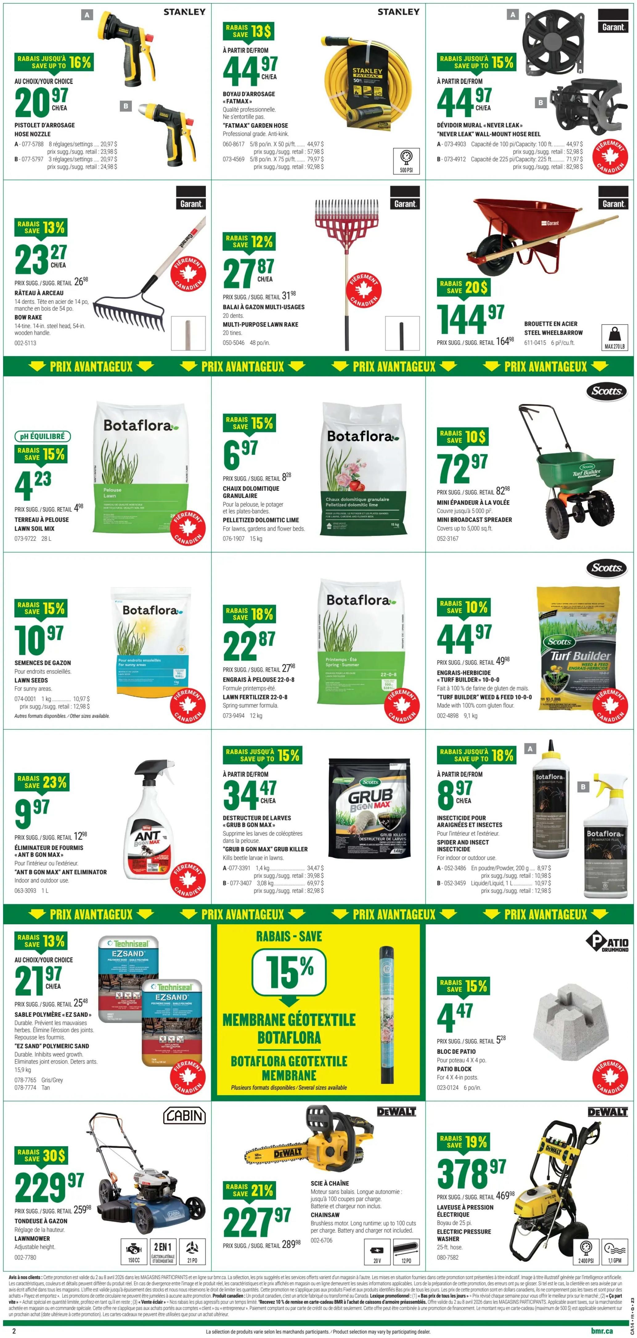 BMR Weekly Flyer Specials Page 3. Top row features Stanley products: a hose nozzle for $20.97, a Fatmax garden hose for $44.97, and a Never Leak wall-mount hose reel for $44.97. Second row includes a bow rake for $23.27, a multi-purpose lawn rake for $27.87, and a steel wheelbarrow for $144.97. The middle section highlights Bot<a>flora</a> products: pH balanced lawn soil mix for $4.23, pelletized dolomitic lime for $6.97, and pelletized dolomitic lime for $6.97. Further down, find lawn seeds for $10.97, lawn fertilizer 22-0-8 for $22.87, and a Scotts Turf Builder broadcast spreader for $72.97. Also featured are Ant-B-Gon Max ant eliminator for $9.97, Grub B Gon Max grub killer for $34.47, and Bot<a>flora</a> weed & feed 10-0-0 for $44.97. The bottom section showcases Techniseal EZsand polymeric sand for $21.97, Bot<a>flora</a> geotextile membrane for 15% off, patio blocks for $4.47, a Dewalt chainsaw for $227.97, and a Dewalt electric pressure washer for $378.97.