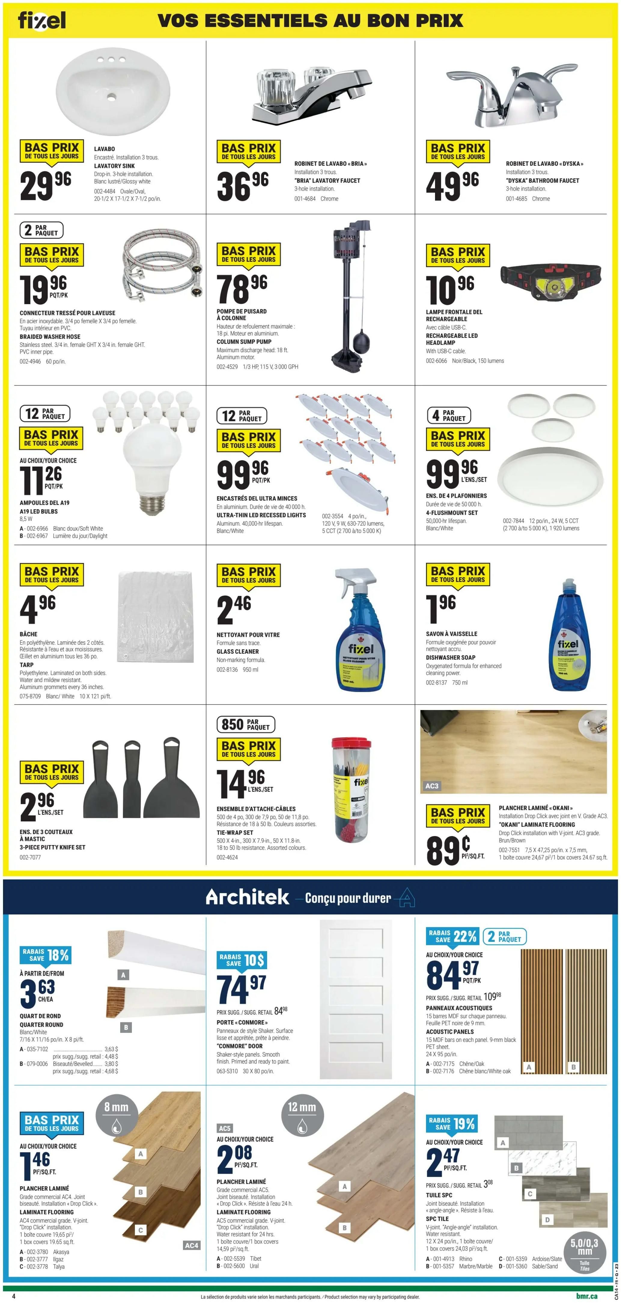 BMR Weekly Flyer Specials Page 5. Featured items include a Lavabo sink for $29.96, a 'Bria' Lavatory Faucet for $36.96, and a 'Dyska' Bathroom Faucet for $49.96. Also available are a Braided Washer Hose for $19.96, a Column Sump Pump for $78.96, and a Rechargeable LED Headlamp for $10.96. Lighting options include a 12-pack of A19 LED Bulbs for $11.26 and 12-pack of Ultra-Thin LED Recessed Lights for $99.96. Other deals include a 4-pack of 4-Flushmount Sets for $99.96, a Tarp for $4.96, Glass Cleaner for $2.46, and Dishwasher Soap for $1.96. A 3-piece Putty Knife Set is on sale for $2.96. The 'Architek' section showcases 'Conqueror' doors, Quarter Round moulding for $3.63 each, and Laminate Flooring starting at $1.46 per sq. ft. Also featured are SPC Tile for $2.47 per sq. ft., Acoustic Panels for $84.97 per pack, and 'Okani' Laminate Flooring for $0.89 per sq. ft.