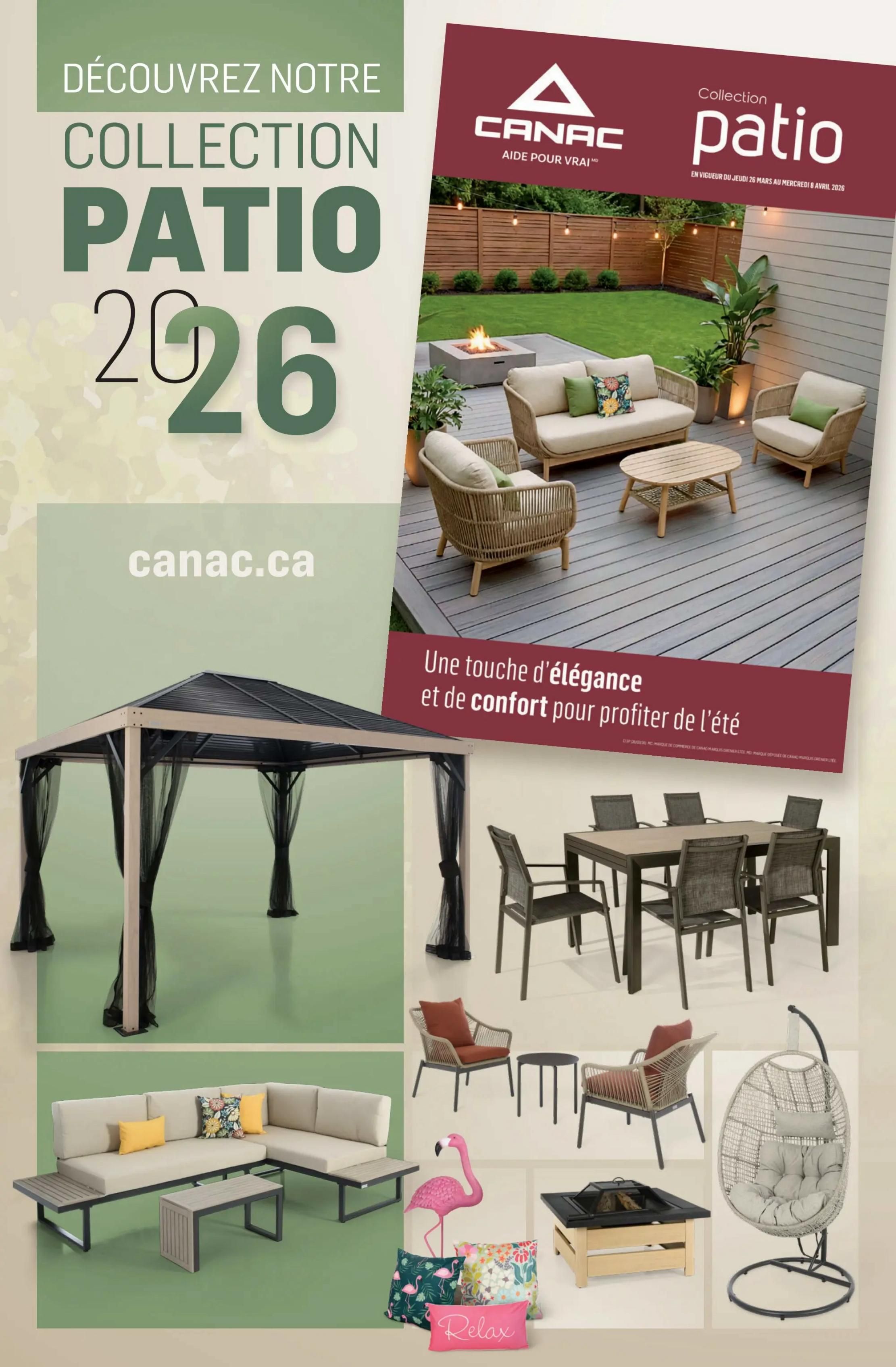 Canac flyer page 4 showcasing the 2026 Patio Collection. Featured items include a large gazebo with netting, a sectional patio sofa with a coffee table, a patio dining set with six chairs, a hanging egg chair, two accent chairs with a side table, a fire pit, and decorative pillows and a flamingo statue. The text 'Discover Our Patio Collection 2026' and 'canac.ca' are prominently displayed. The page highlights 'A touch of elegance and comfort to enjoy the summer.