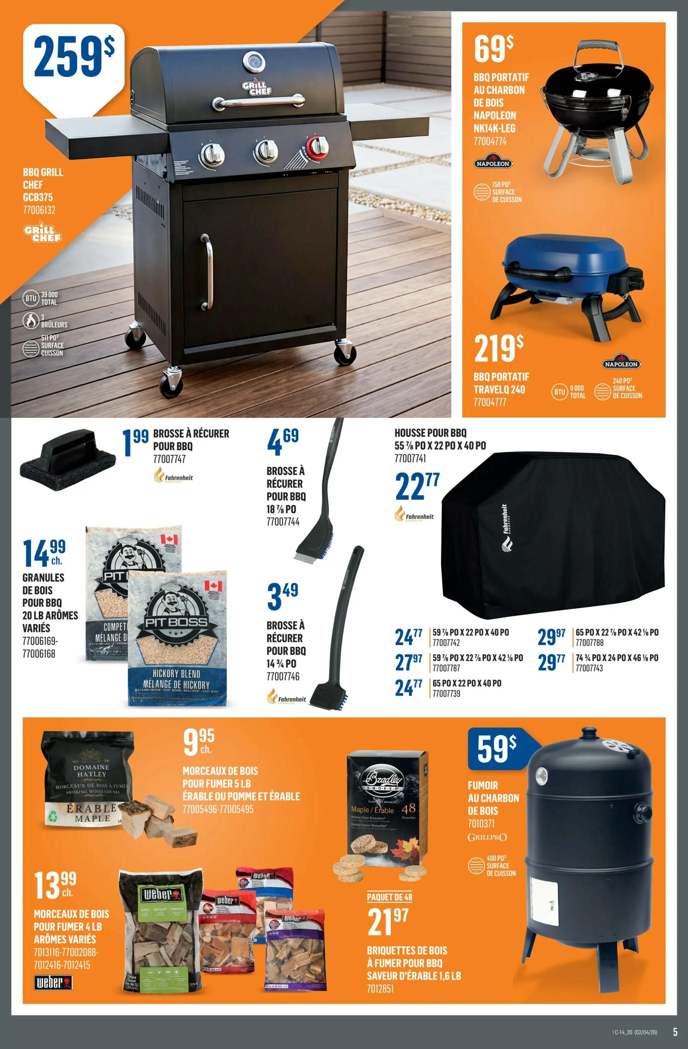 Canac Weekly Flyer Specials Page 6: Features a Grill Chef BBQ for $259. Also on sale are Napoleon portable charcoal BBQs for $69 and the Napoleon TravelQ 240 portable BBQ for $219. Accessories include a BBQ cover for $22.77, various sizes of BBQ cleaning brushes starting at $1.99, and Pit Boss 20 lb assorted flavour wood pellets for $14.99. For smoking, find Domaine Hatley 5 lb smoking wood chunks in Maple for $9.95, Weber 4 lb assorted flavour wood chunks for $13.99, and Bradley 48-piece Maple/Erable flavour wood briquettes for $21.97. A GrillPro charcoal smoker is available for $59.