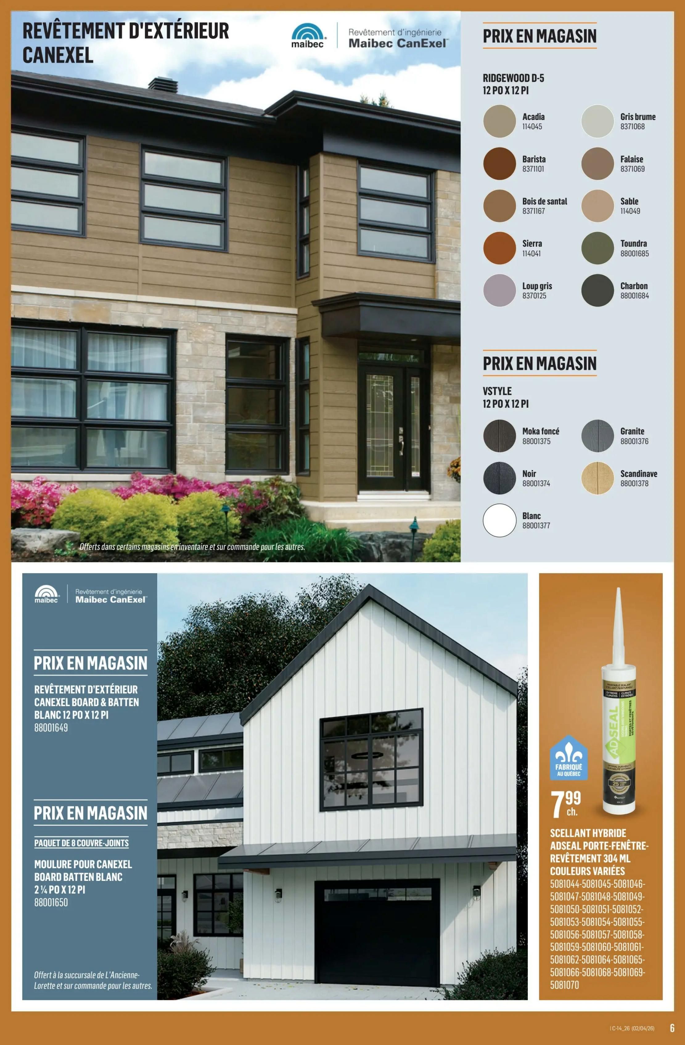 Canac flyer page 7 features Maibec CanExel exterior siding and related products. The page showcases 'Revêtement d'extérieur CanExel' with various colour options for RIDGEWOOD D-5 12-in x 12-ft siding, including Acadia, Barista, Bois de santal, Sierra, Loup gris, Gris brume, Falaise, Sable, Toundra, and Charbon. It also displays VSTYLE 12-in x 12-ft siding colours: Moka foncé, Noir, Blanc, Granite, and Scandinave. Additionally, there is 'Revêtement d'extérieur CanExel Board & Batten Blanc 12-in x 12-ft' and 'Moulure pour CanExel Board Batten Blanc 2 1/4-in x 12-ft' available. A 'Scellant hybride Adseal porte-fenêtre' 304 ml in various colours is priced at $7.99 each. Offers are available in select stores and by special order for others.