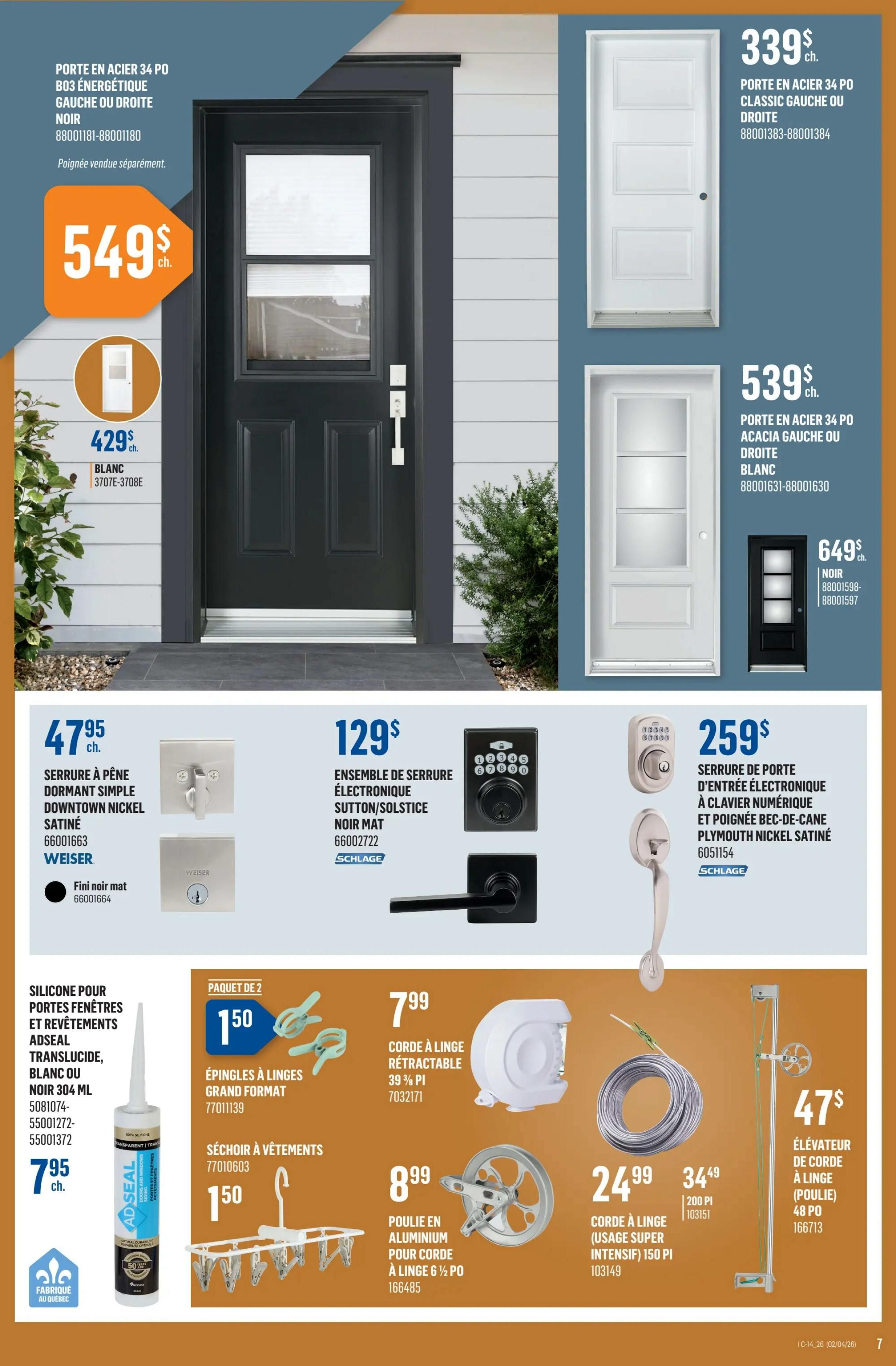Canac weekly flyer specials page 8 features a selection of doors and hardware. A large black steel door is priced at $549, with a white version available for $429. Other steel doors include a classic style for $339 and an acacia style for $539, both in white. A black steel door with a glass insert is $649. Door hardware includes a Weiser satin nickel deadbolt lock for $47.95, a Schlage electronic lockset Sutton/Solstice in matte black for $129, and a Schlage electronic entry lock with Plymouth satin nickel lever for $259. Also featured are Adseal silicone sealant for windows and doors in clear, white, or black for $7.95, a 2-pack of large clothespins for $1.50, a clothes drying rack for $1.50, a retractable clothesline for $7.99, a 150 ft heavy-duty clothesline for $24.99, and a 200 ft clothesline for $34.49. Finally, a 48 ft clothesline pulley elevator is available for $47.