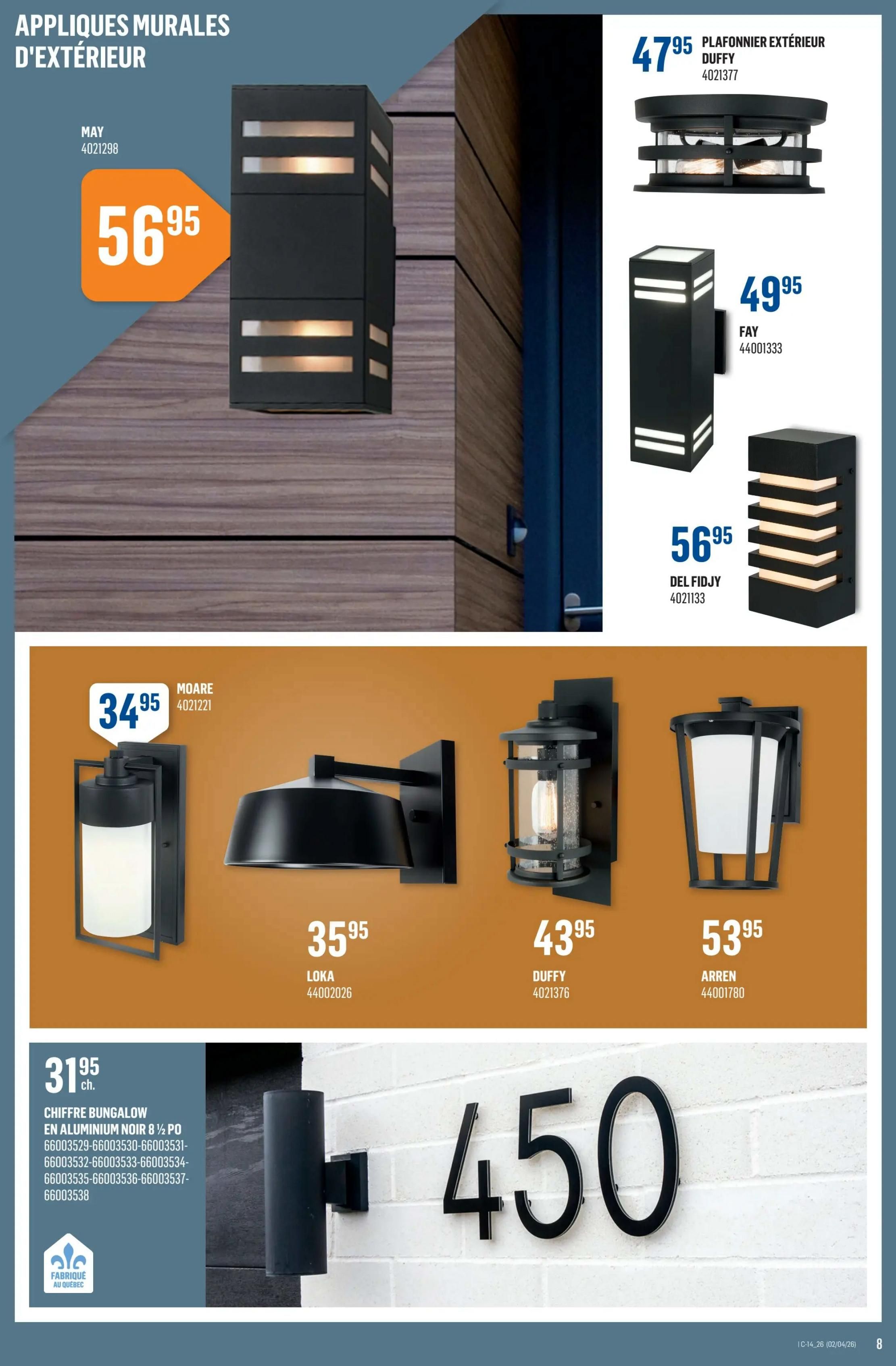 Canac weekly flyer specials page 9 features a variety of exterior wall lights. The 'MAY' wall light is priced at $56.95. Other exterior lights include the 'DUFFY' ceiling fixture for $47.95, the 'FAY' light for $49.95, and the 'DEL FIDJY' light for $56.95. Below, the 'MOARE' wall light is $34.95, the 'LOKA' wall light is $35.95, the 'DUFFY' lantern is $43.95, and the 'ARREN' lantern is $53.95. Also featured is a 'BUNGALOW' black aluminum house number sign for $31.95, marked 'Fabriqué au Québec' (Made in Quebec).