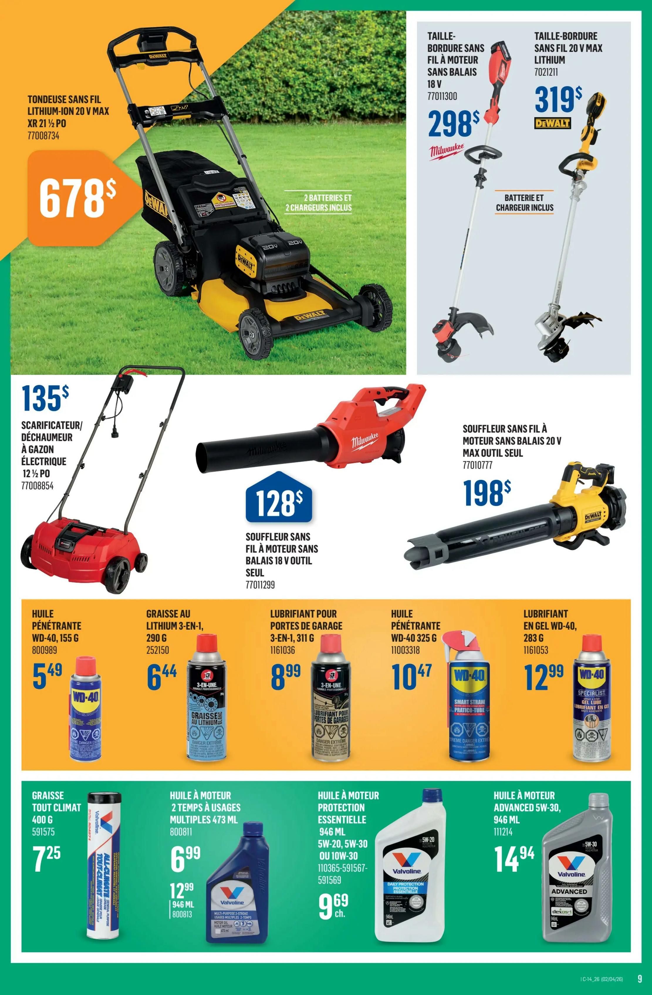Canac flyer page 10 features outdoor power equipment and maintenance supplies. A DeWalt 20V MAX XR 21 1/2' cordless lawn mower is priced at $678, including 2 batteries and 2 chargers. Also shown are a Milwaukee 18V cordless trimmer for $298 and a DeWalt 20V MAX cordless trimmer for $319. A 12 1/2' electric scarifier/dethatcher is available for $135. A Milwaukee 18V cordless blower is priced at $128, and a DeWalt 20V MAX cordless blower is $198. Various maintenance products include WD-40 155g penetrating oil for $5.49, 3-in-1 lithium grease 290g for $6.44, and garage door lubricant 311g for $8.99. Additional WD-40 products include 325g penetrating oil for $10.47 and 400g all-climate grease for $7.25. Valvoline motor oils are also featured: 946 ml 2-stroke oil for $9.69, and 946 ml 5W-30 Advanced motor oil for $14.94.