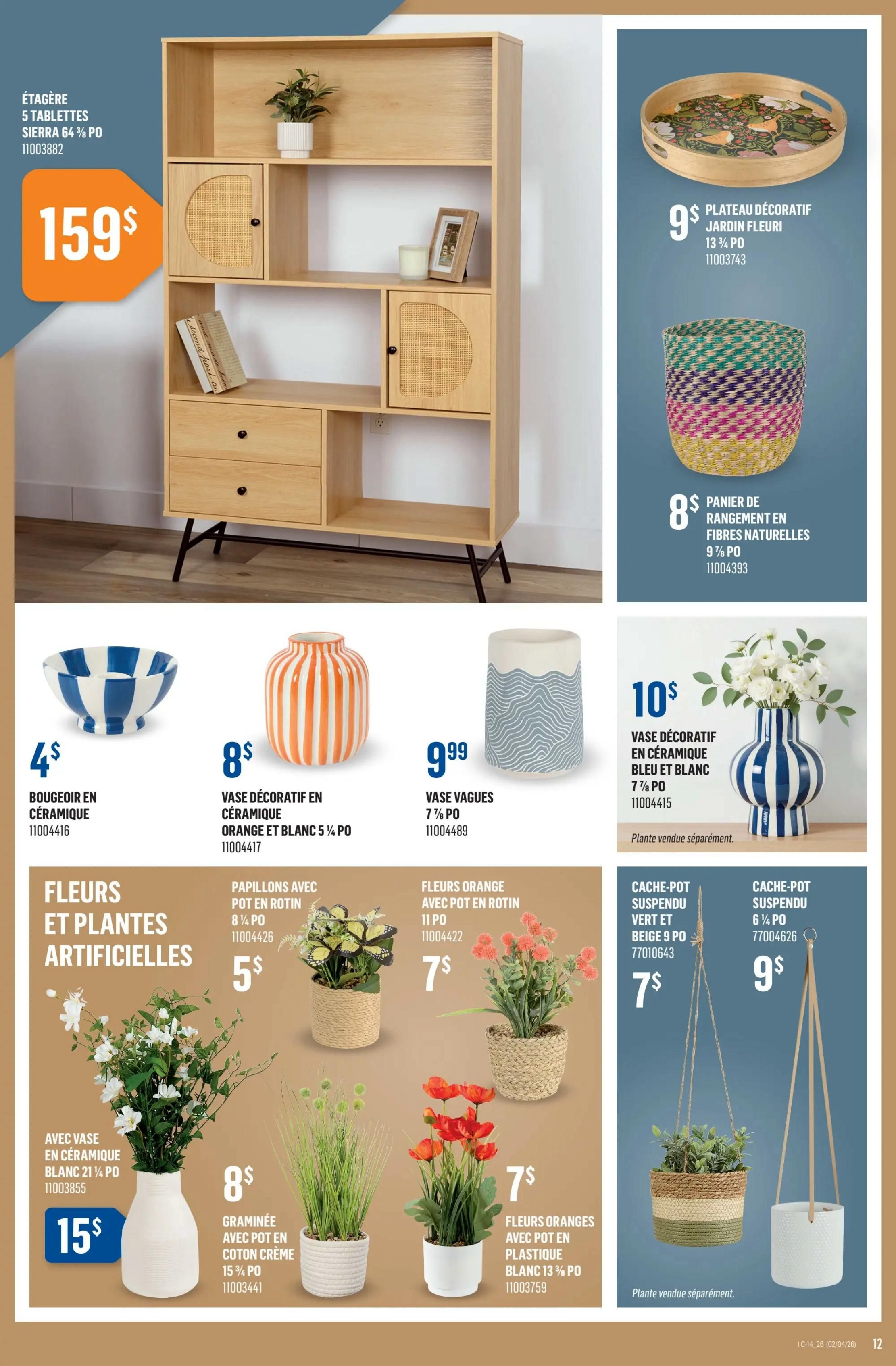 Canac weekly flyer specials page 13 features a large wooden bookshelf with 5 shelves, Sierra 64 1/4 inches, for $159. Also on this page are decorative items including a floral serving tray for $9, a colourful woven basket for $8, a blue and white ceramic bowl for $4, an orange and white striped ceramic vase for $8, and a blue and white wavy patterned vase for $9.99. Additionally, there are artificial flowers and plants: a white ceramic vase with white flowers for $15, artificial butterflies in a rattan pot for $5, orange flowers in a rattan pot for $7, orange flowers in a white plastic pot for $7, a grass-like plant in a cream cotton pot for $8, a hanging planter in green, beige, and natural fibres for $7, and a white hanging planter for $9. The text 'Plante vendue séparément' indicates that plants are sold separately for the hanging planters.
