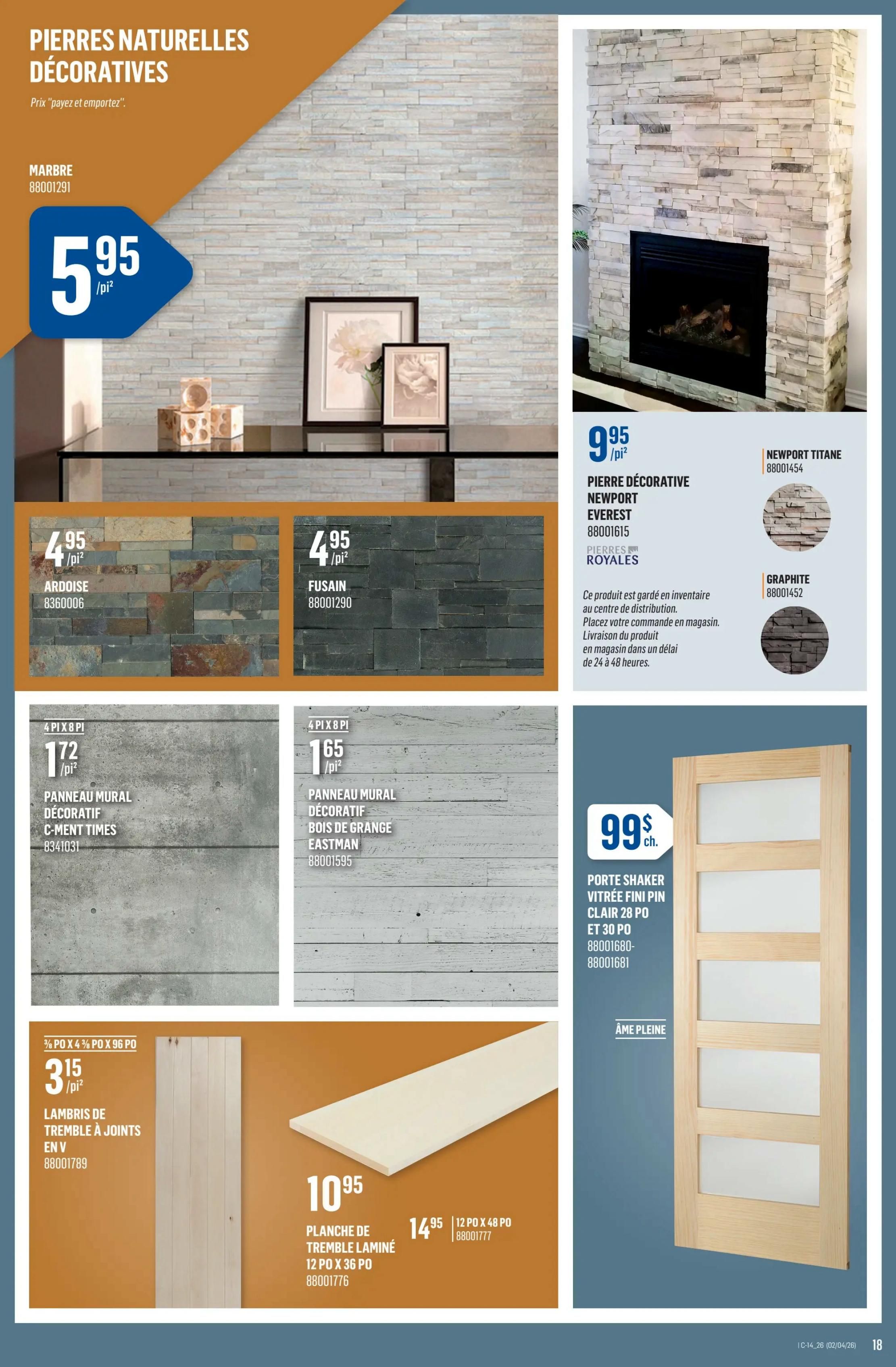 Canac flyer page 19 features decorative natural stones and wall panels. Marble decorative stone is priced at $5.95/sq ft. Ardoise decorative stone is $4.95/sq ft. Fusain decorative stone is $4.95/sq ft. Decorative wall panel C-Ment Times is $1.72/sq ft. Decorative wall panel Bois de Grange Eastman is $1.65/sq ft. Newport Titane decorative stone is $9.95/sq ft. Graphite decorative stone is also shown. A shaker style interior door with clear glass is $99 each. Tongue and groove pine paneling is $3.15/sq ft. Laminated pine board 12' x 36' is $10.95 and 12' x 48' is $14.95.