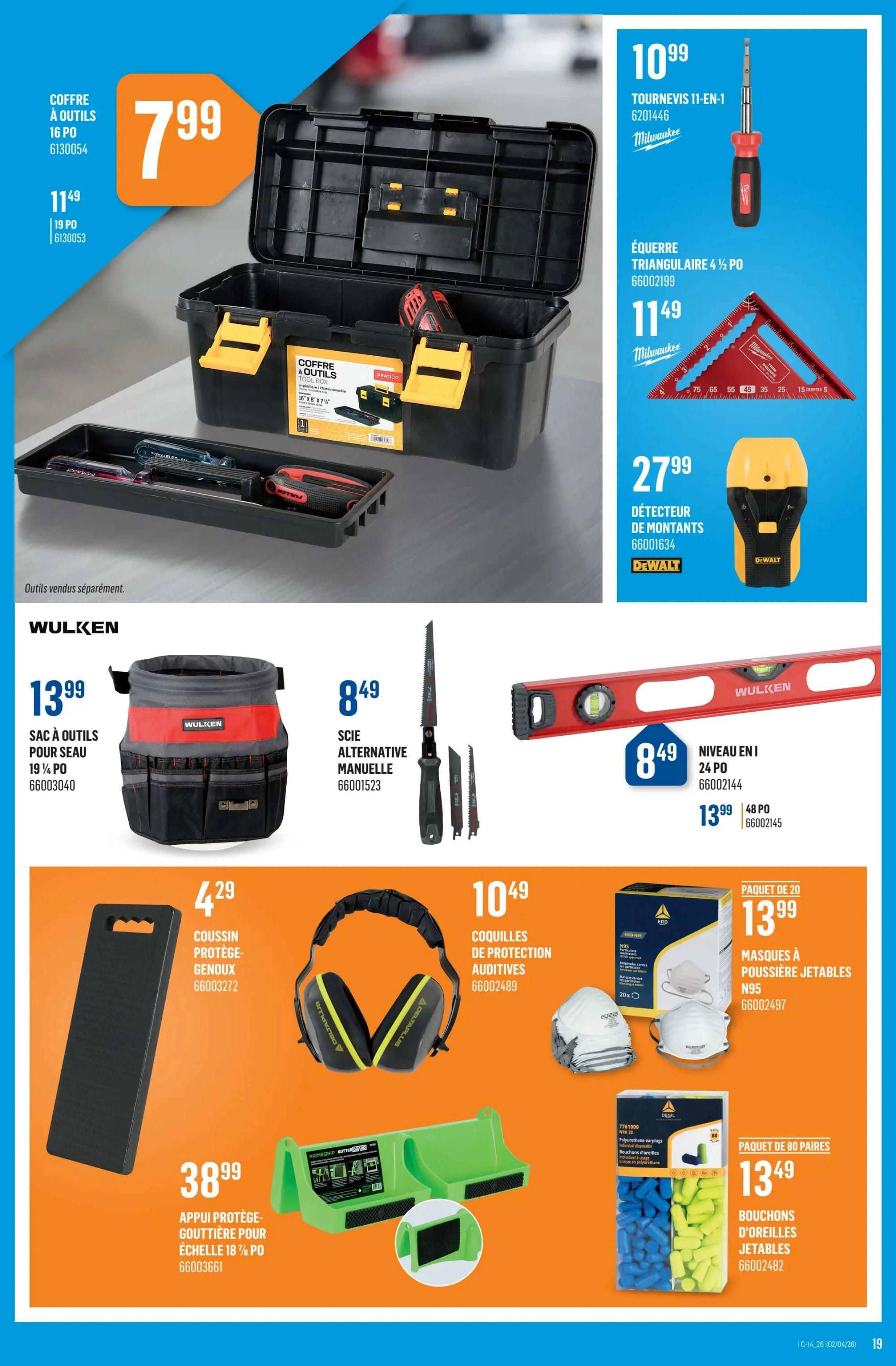 Canac Weekly Flyer Specials, Page 20. Featured items include a 16-piece tool box for $7.99, a 19-piece tool box for $11.49, a Milwaukee 11-in-1 screwdriver for $10.99, a Milwaukee 4 1/2-inch triangular square for $11.49, and a Dewalt stud detector for $27.99. Also available are a Wulken 19 1/4-inch tool bag for $13.99, a manual hacksaw with blades for $8.49, a Wulken 24-inch I-beam level for $8.49, and a 48-inch I-beam level for $13.99. Additional offers include knee protection cushions for $4.29, Delta Plus hearing protection earmuffs for $10.49, a gutter protection support for ladders for $38.99, a pack of 20 disposable N95 dust masks for $13.99, and a pack of 80 disposable earplugs for $13.49.