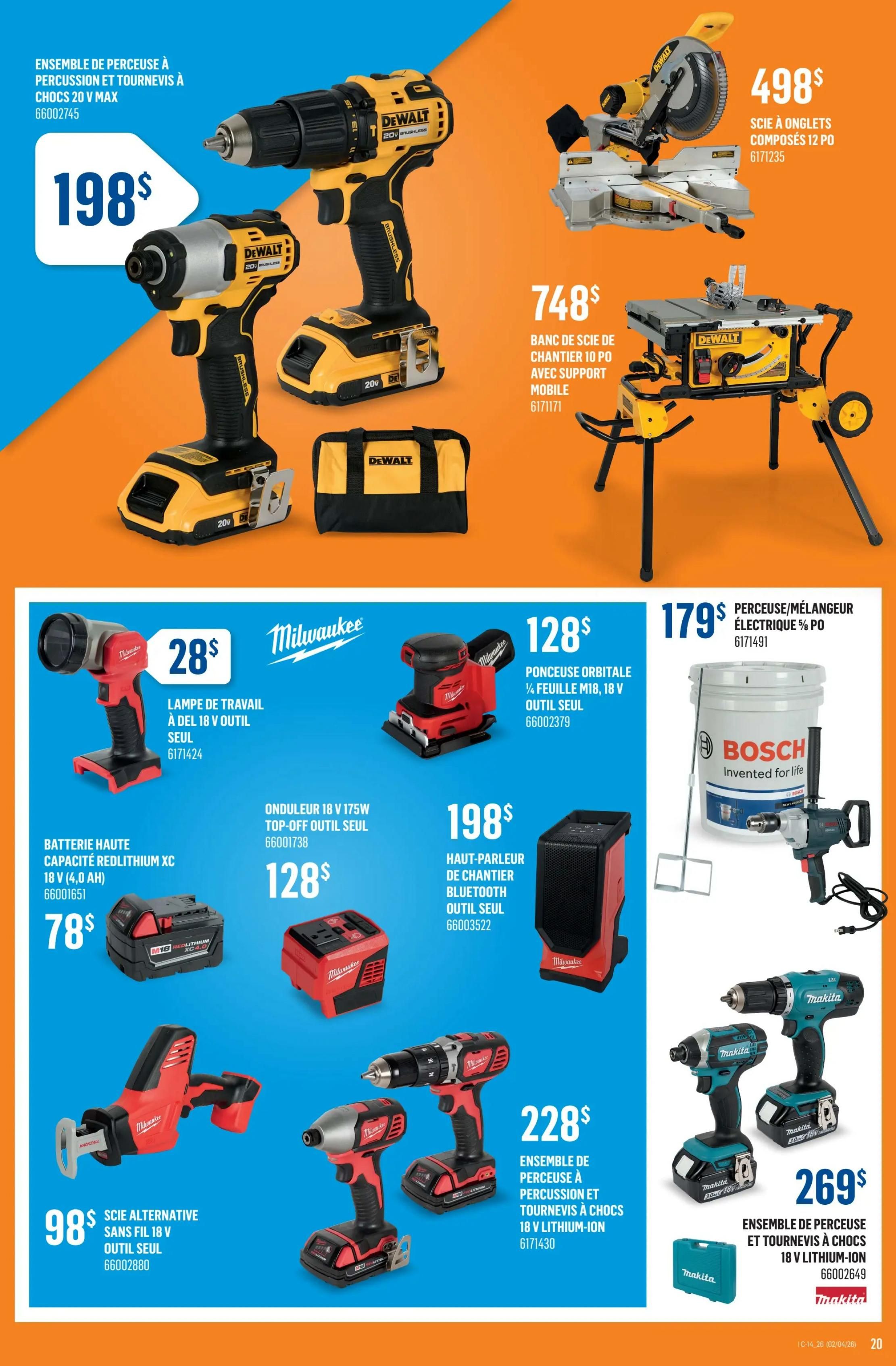 Canac weekly flyer specials page 21 features DeWalt 20V MAX hammer drill and impact driver combo kit for $198, a 12-inch compound miter saw for $498, and a 10-inch jobsite table saw with mobile stand for $748. Also available are a Milwaukee 18V work light for $28, a RedLithium XC 18V (4.0 Ah) battery for $78, a Milwaukee 175W top-off orbital sander for $128, a Milwaukee 18V orbital sander for $128, a Milwaukee 18V reciprocating saw for $98, a portable Bluetooth jobsite speaker for $198, a Bosch 5/8-inch electric drill/mixer for $179, a DeWalt 18V lithium-ion percussion drill and impact driver combo kit for $228, and a Makita 18V lithium-ion percussion drill and impact driver combo kit for $269.