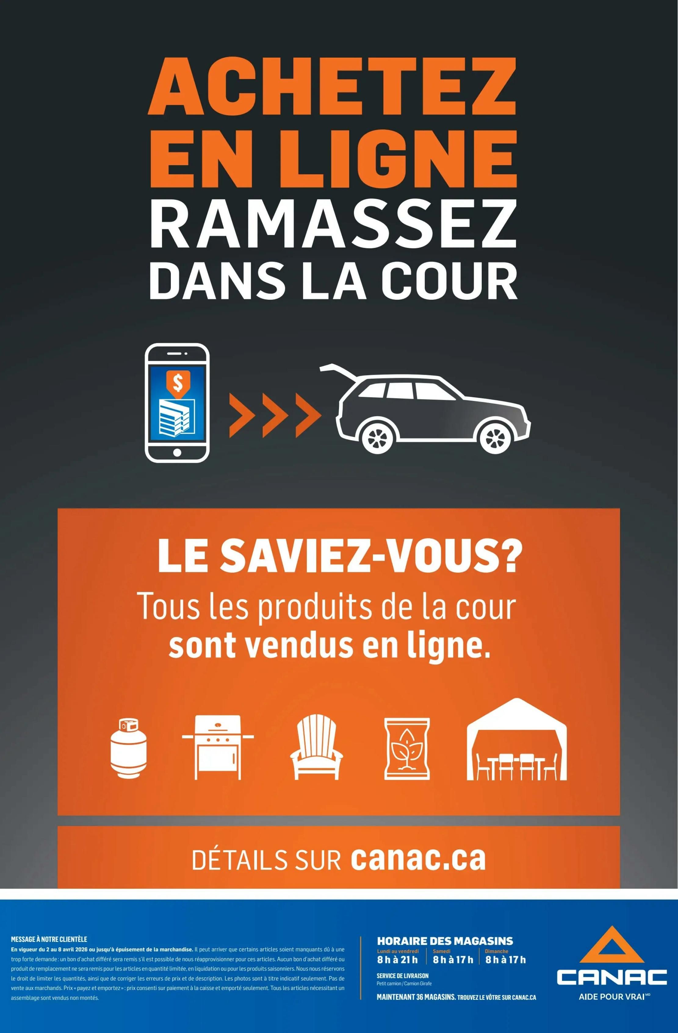 Canac flyer page 22 features an advertisement promoting online shopping with curbside pickup. The text 'Buy Online, Pick Up In The Yard' is prominently displayed. Visuals include a smartphone with a shopping cart icon, arrows, and a car with an open trunk, illustrating the process. Below this, a section titled 'Did You Know?' states that all yard products are sold online. Icons represent a propane tank, a barbecue, a patio chair, a bag of seeds, and a gazebo with a picnic table. The page also directs customers to 'Details on canac.ca'. Store hours are listed: Monday to Friday from 8 AM to 9 PM, Saturday from 8 AM to 5 PM, and Sunday from 8 AM to 5 PM. Delivery service for small trucks and 'giraffes' (likely referring to truck-mounted cranes or similar equipment) is mentioned. The page concludes with 'Now 36 stores. Find yours at CANAC.CA' and the Canac logo with the slogan 'HELP FOR YOUR TRUE NEEDS'.