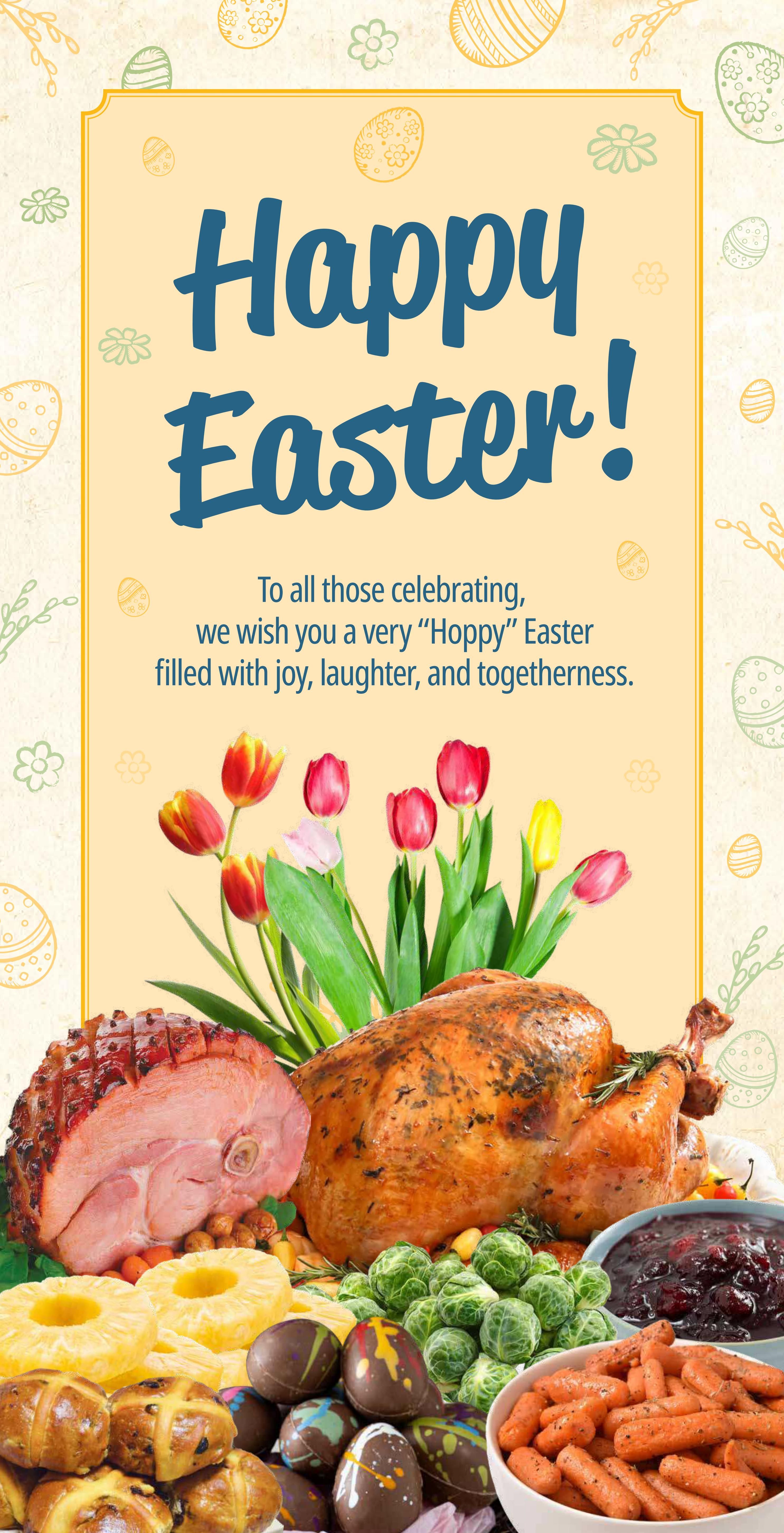 Farm Boy weekly flyer specials page 9 features a festive 'Happy Easter!' message with a greeting wishing joy, laughter, and togetherness. The image showcases a delicious Easter feast including a whole roasted turkey, a glazed ham, pineapple rings, Brussels sprouts, glazed carrots, cranberry sauce, hot cross buns, and decorated chocolate Easter eggs. The page is adorned with Easter-themed graphics like decorative eggs and flowers.