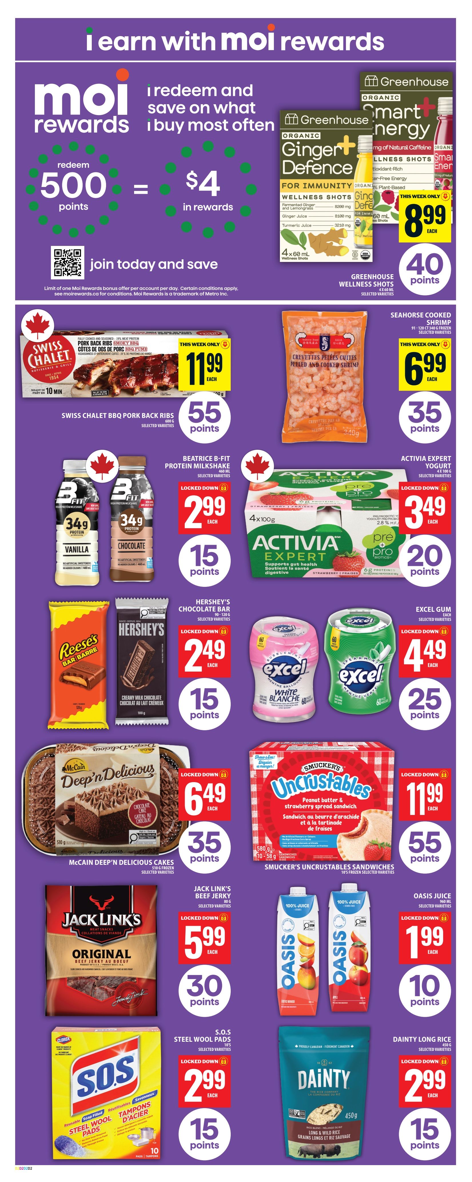 Food Basics weekly flyer specials page 5. Top section features 'I earn with Moi Rewards' offering $4 in rewards for 500 points, with a QR code to join and save. Greenhouse Organic Ginger + Defence Wellness Shots are on sale for $8.99 each, earning 40 points. Swiss Chalet BBQ Pork Back Ribs are $11.99 each, earning 55 points. Seahorse Cooked Shrimp (91-120 ct) is $6.99 each, earning 35 points. Beatrice B-Fit Protein Milkshake (460 ml, selected varieties) is locked down at $2.99 each, earning 15 points. Activia Expert Yogurt (4 x 100g, selected varieties) is locked down at $3.49 each, earning 20 points. Reese's Peanut Butter Cups (47g) and Hershey's Chocolate Bars (90-120g, selected varieties) are locked down at $2.49 each, earning 15 points. Excel Gum (60 pieces, selected varieties) is locked down at $4.49 each, earning 25 points. McCain Deep'n Delicious Cakes (510g, frozen, selected varieties) are locked down at $6.49 each, earning 35 points. Smucker's Uncrustables Sandwiches (10's frozen, selected varieties) are locked down at $11.99 each, earning 55 points. Jack Link's Beef Jerky (80g, selected varieties) is locked down at $5.99 each, earning 30 points. Oasis Juice (960 ml) is locked down at $1.99 each, earning 10 points. S.O.S. Steel Wool Pads (10's, selected varieties) are locked down at $2.99 each, earning 15 points. Dainty Long Rice (450g) is locked down at $2.99 each, earning 15 points.