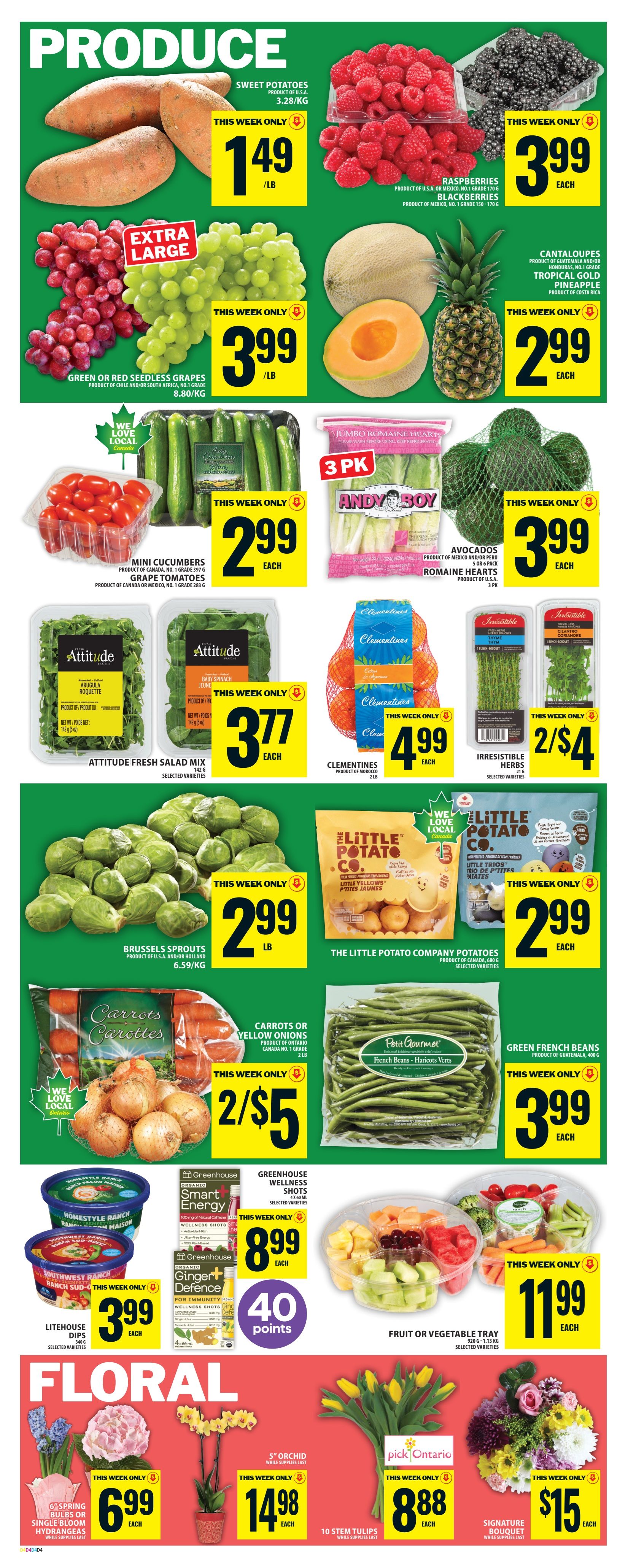 Food Basics weekly flyer specials page 7 features a wide selection of fresh produce. Sweet Potatoes are $1.49/lb. Raspberries and Blackberries are $3.99 each. Extra large Green or Red Seedless Grapes are $3.99/lb. Cantaloupes and Tropical Gold Pineapple are $2.99 each. Mini Cucumbers are $2.99 each. Avocados are $3.99 for 5 or 6 pack. Romaine Hearts are 3 for $4. Attitude Fresh Salad Mix and Attitude Baby Spinach are $3.77 each. Clementines are $4.99 for a 2 lb bag. Irresistible Herbs are 2 for $4. Brussels Sprouts are $2.99/lb. The Little Potato Company Potatoes are $2.99 each. Carrots or Yellow Onions are 2 for $5. Green French Beans are $3.99 each. LITEHOUSE Dips are $3.99 each. Greenhouse Wellness Shots (Smart Energy and Ginger Defence) are $8.99 each and come with 40 bonus points. A Fruit or Vegetable Tray is $11.99 each. The floral section includes Spring Bulbs or Single Bloom Hydrangeas for $6.99 each, a 5' Orchid for $14.98 each, 10 Stem Tulips for $8.88, and a Signature Bouquet for $15.