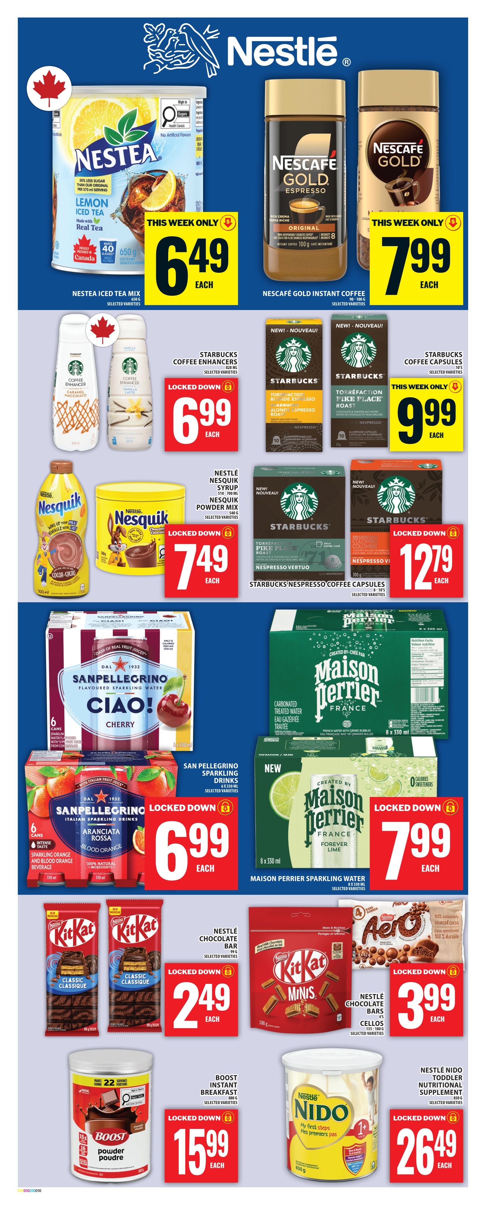 Food Basics weekly flyer specials page 14 featuring Nestlé products. Offers include Nestea Lemon Iced Tea Mix for $6.49, Nescafé Gold Instant Coffee for $7.99, Starbucks Coffee Enhancers for $6.99, Nestlé Nesquik Syrup or Powder Mix for $7.49, Starbucks Coffee Capsules for $9.99, Starbucks Nespresso Coffee Capsules for $12.79. Also featured are San Pellegrino Sparkling Drinks in Cherry and Aranciata Rossa flavours for $6.99, and Maison Perrier Sparkling Water for $7.99. Sweet treats include Kit Kat Chocolate Bars and Minis for $2.49, Nestlé Chocolate Bars (Aero) for $3.99, Boost Instant Breakfast Powder for $15.99, and Nestlé Nido Toddler Nutritional Supplement for $26.49.