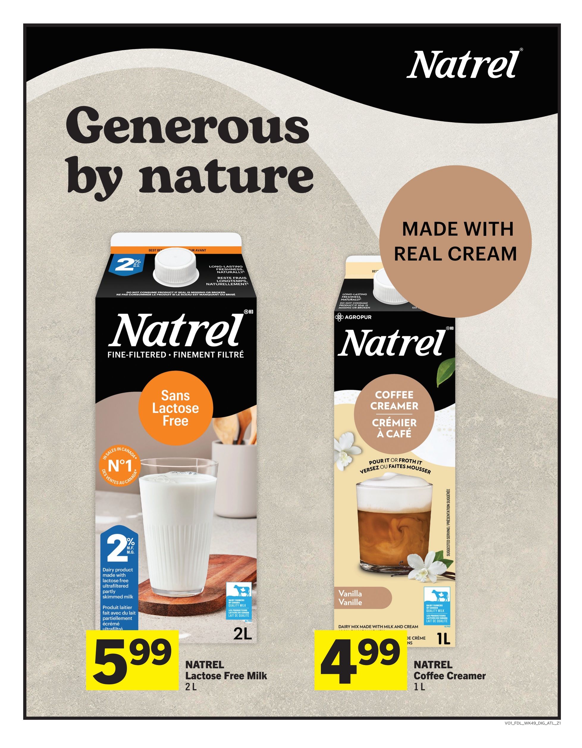 Foodland weekly flyer specials page 14 features Natrel products. On the left, Natrel Lactose Free Milk, 2L, is priced at $5.99. This dairy product is made with lactose-free, ultrafiltered, partly skimmed milk. On the right, Natrel Coffee Creamer in Vanilla flavour, 1L, is priced at $4.99. This dairy mix is made with milk and cream and is described as being made with real cream.